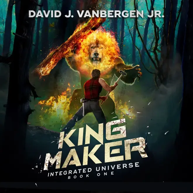 A man in a flannel vest faces a massive lion-man with a fiery mane. The title reads "King Maker". It is book 1 of the Integrated Universe series by David J. VanBergen Jr.
