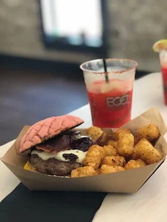 Pan Dulce Burger - a seasoned beef and pork patty with spicy Strawberry Jam, Brie and thick-cut bacon in between a toasted, sweet pink bun. It is so good I could not stop eating even WAY after my stomach told me it was full and I nearly threw up. It was so worth it.