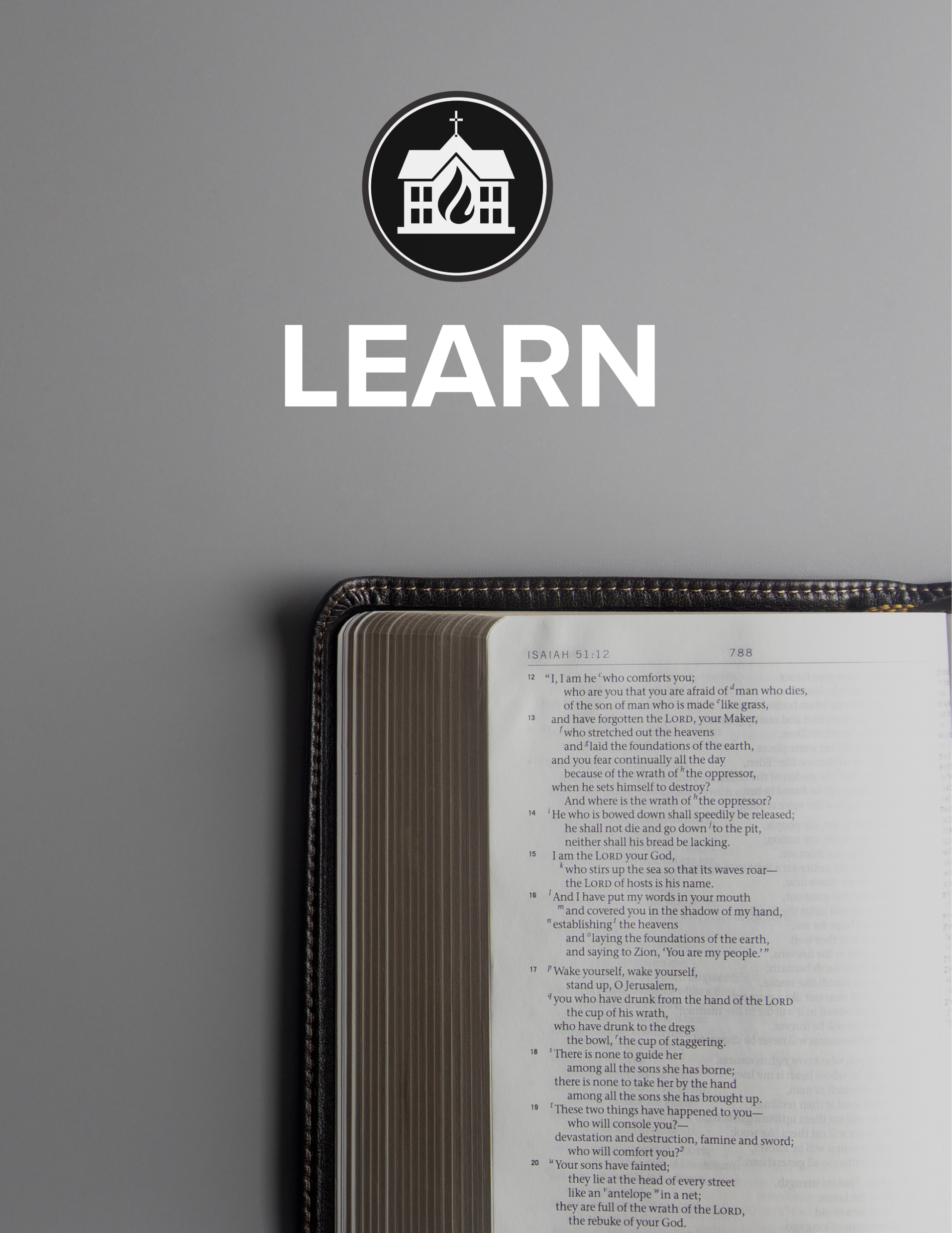 A Bible opened to Isaiah 51:12-20 on a gray surface, with the word 'DISCIPLE' and an icon of an open book with a cross above it at the top of the image.