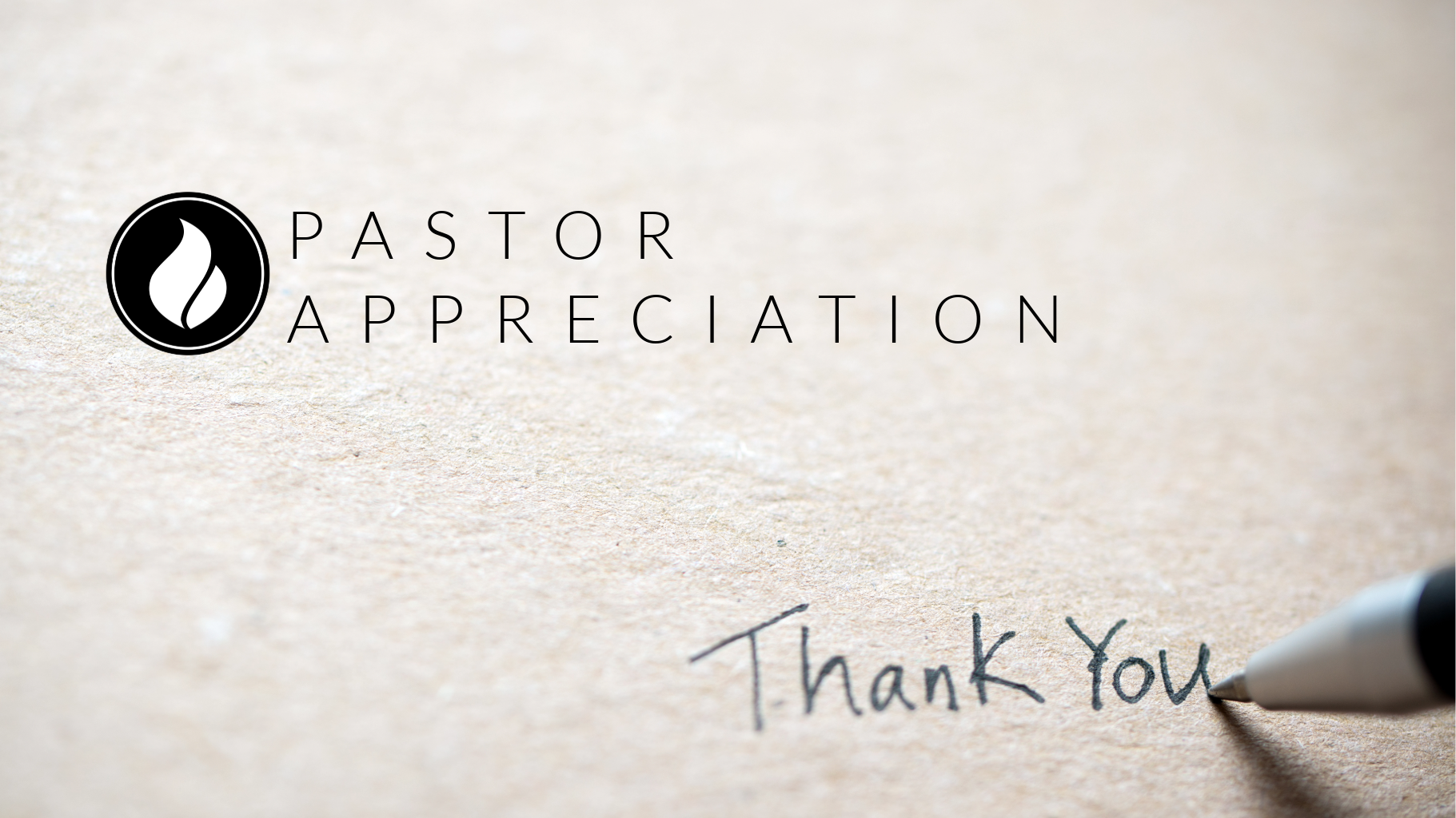 A handshake thank you note with a pen, and a logo for Pastor Appreciation.