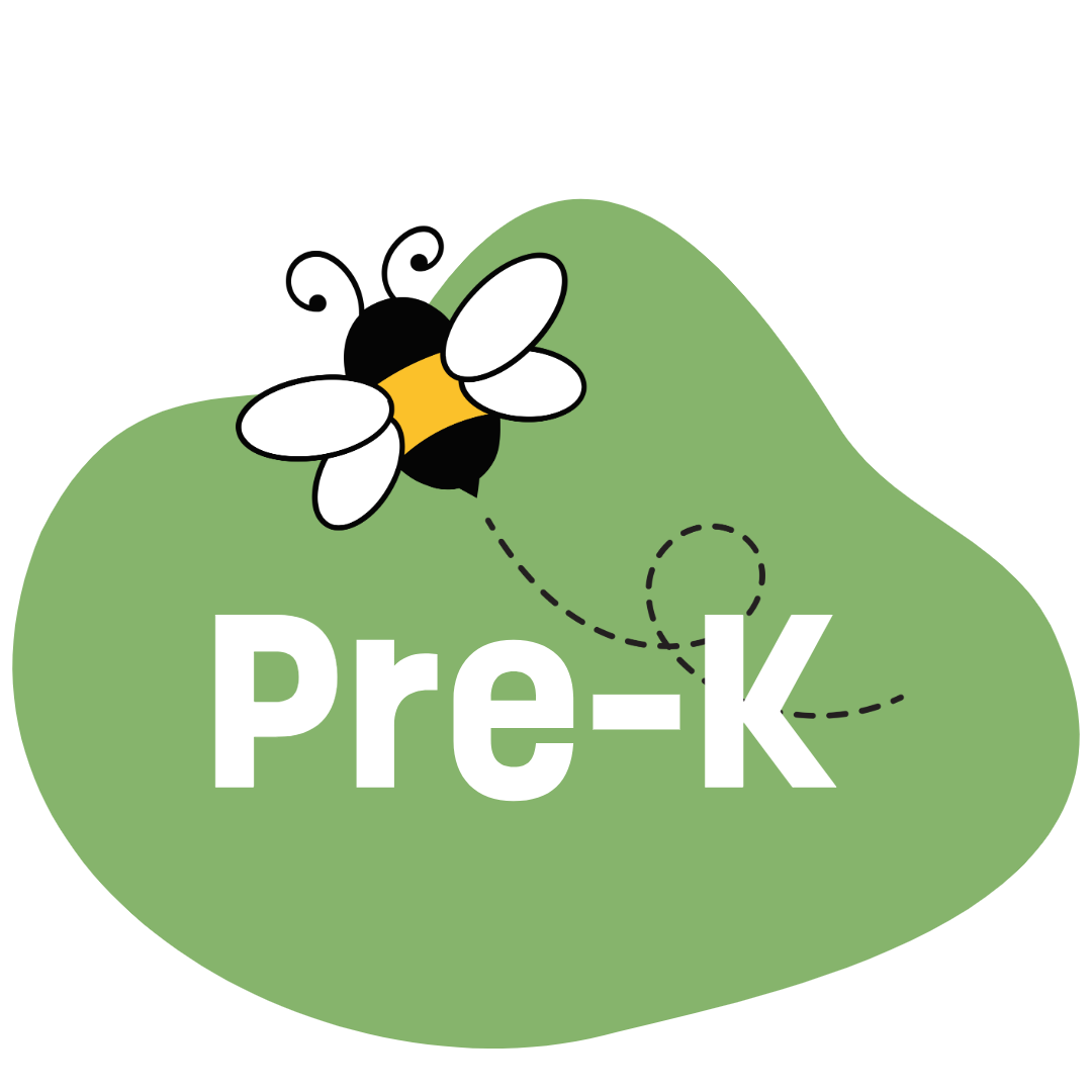 A young girl with blonde hair is writing with a pencil in a classroom or library setting, with shelves of books in the background.