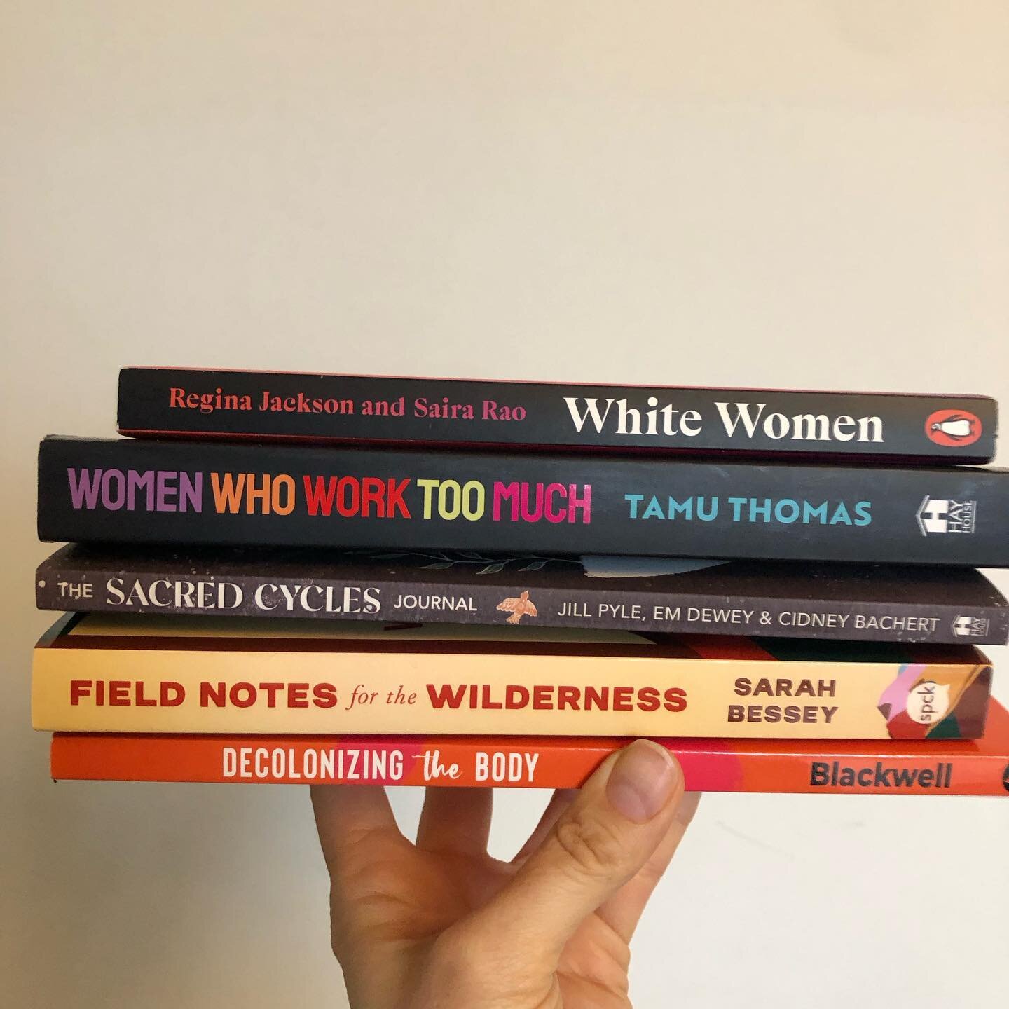 📚Spring book stack 📚

📗Women Who Work Too Much - Tamu Thomas @tamu.thomas 

📙White Women - everything you already know about your own racism and how to do better - Regina Jackson and Saira Rao  @rljack12 and @sairarao 

📗Sacred Cycles Journal - 