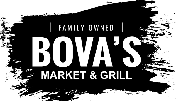 Black and white logo with text reading 'Family Owned Bova's Market & Grill'.
