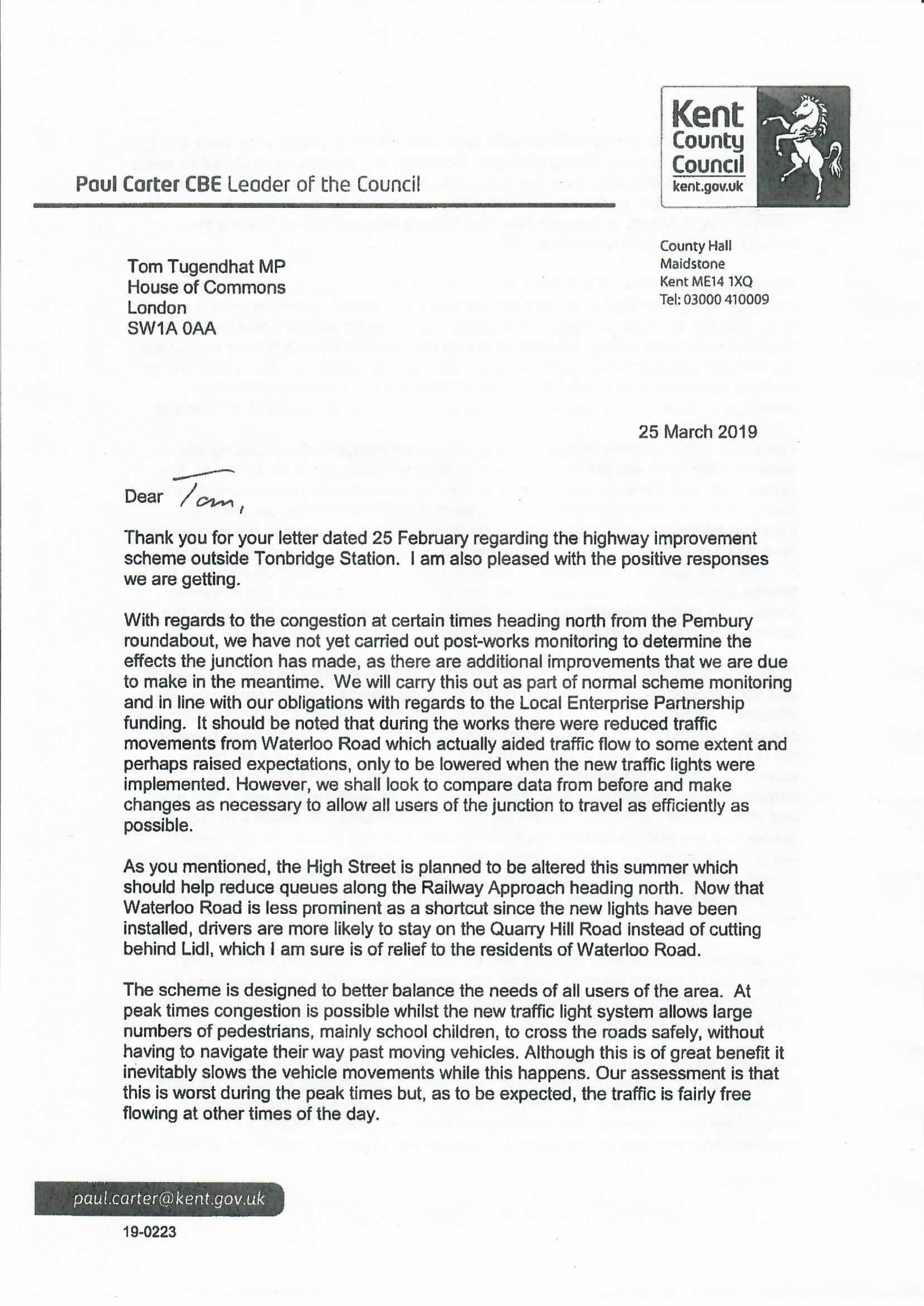 The changes at Tonbridge Station have taken quite a bit of getting used to for us all. While the wider footpaths are helpful getting to and from the main entrance, there’s been quite a bit of confusion for drivers, pedestrians and anyone else passing the station in the past few weeks. I appreciate many are sceptical about the scheme, which is why I wrote to Kent County Council (KCC) to ask for some changes. Here is the relevant part of their response. I’m pleased they have listened so far. The yellow box at the Waterloo Road junction has started to make a difference, as have the additional ‘green men’ on the crossings. As their letter to me states KCC are continuing to look at other changes to help traffic flow better. This could also include extending the yellow box and having ‘green men’ on the far side as well. But the changes so far are helpful and testament to all of our south Tonbridge councillors who have joined with me and pushed KCC so hard for these to be made. It's also great that KCC have confirmed the Café Nero bus stop on the High Street will be sorted out in the summer. This is something I’ve raised repeatedly since 2016 and, better late than never, they will proceed with the works here soon.