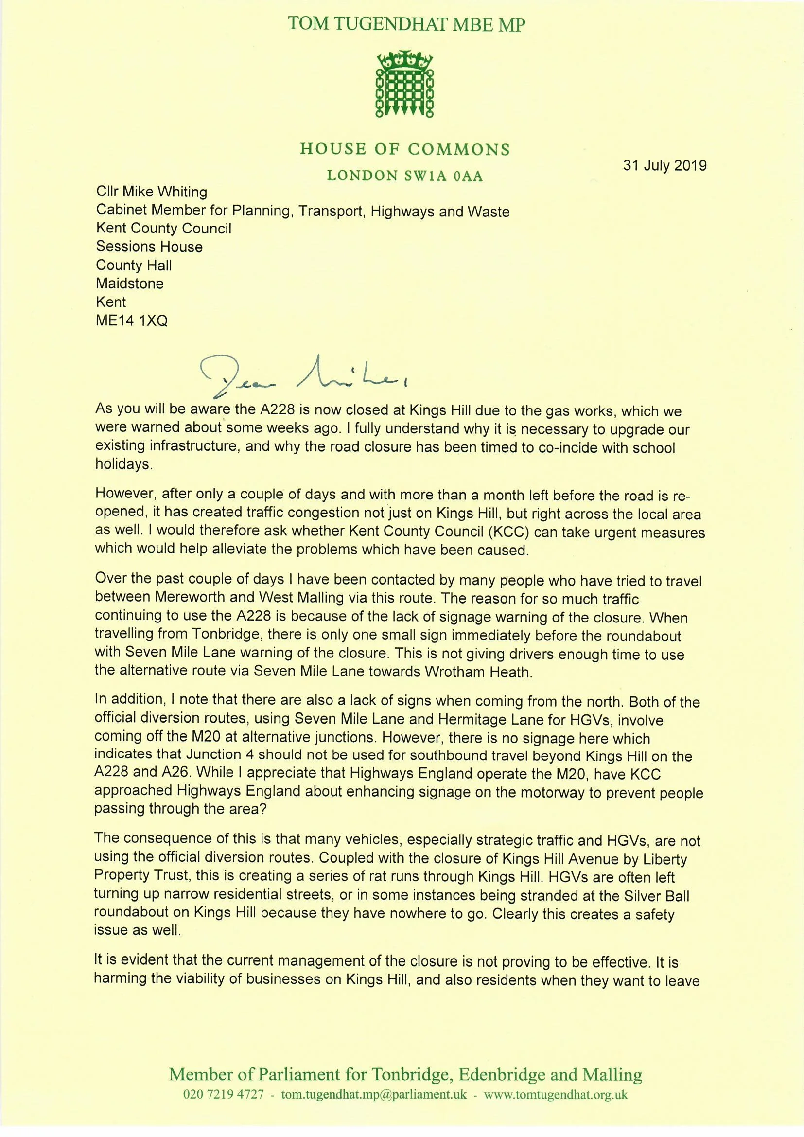20190731 - Tom Tugendhat to Mike Whiting, A228 closure0001.jpg