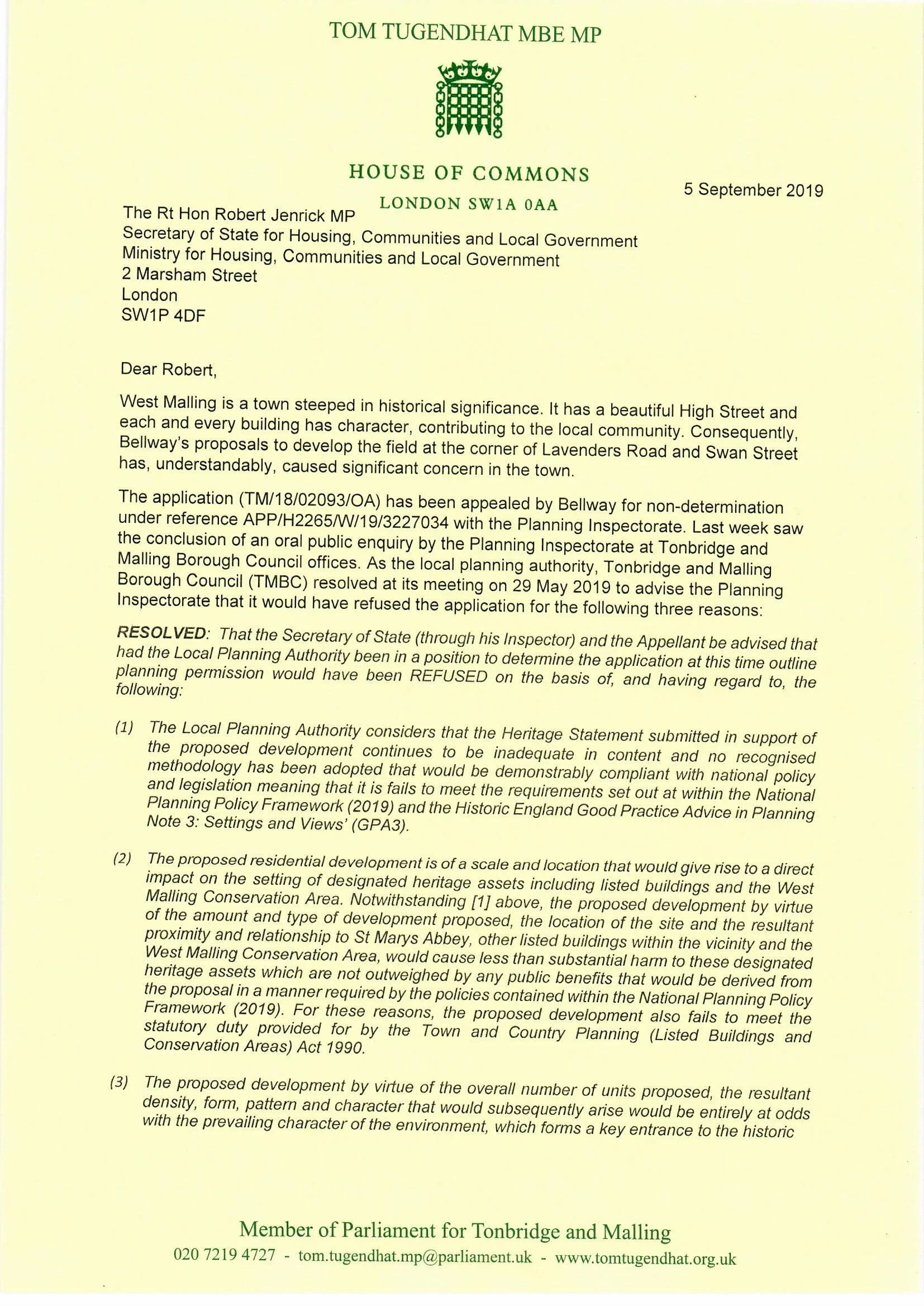 20190905 - Tom Tugendhat to Robert Jenrick, Land east of Lavenders Road and Swan Street, St Mary's Abbey - call in request0001.jpg