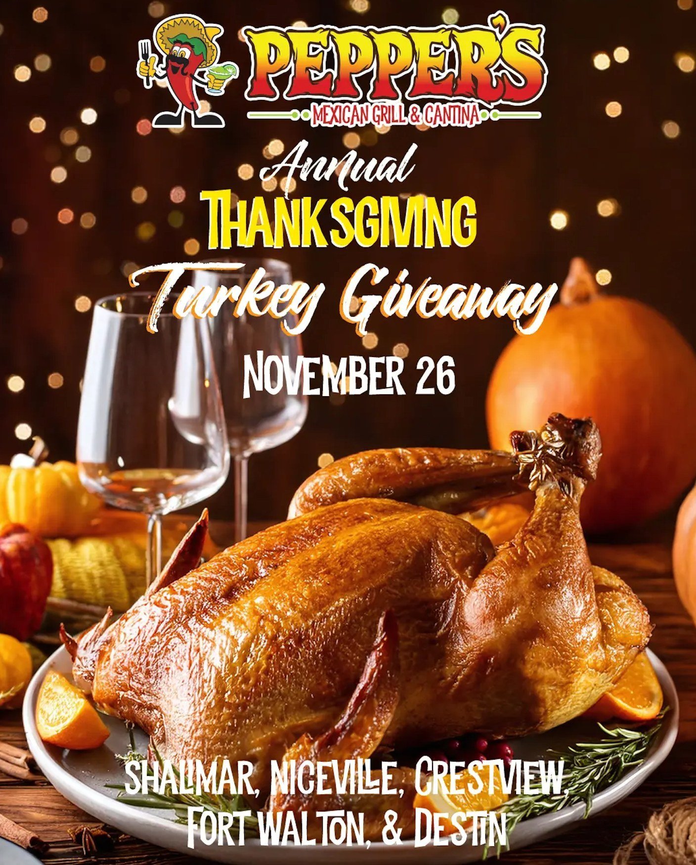 It's that time of year again! 🍂 We're excited to show our gratitude with our Annual #TurkeyGiveaway as a big thank you to our amazing community! ❤️

📅 When: Tuesday, Nov. 26th�
📍 Locations:�
🔸 1176 Eglin Pkwy, Shalimar, FL�
🔸 510 John Sims Pkwy 