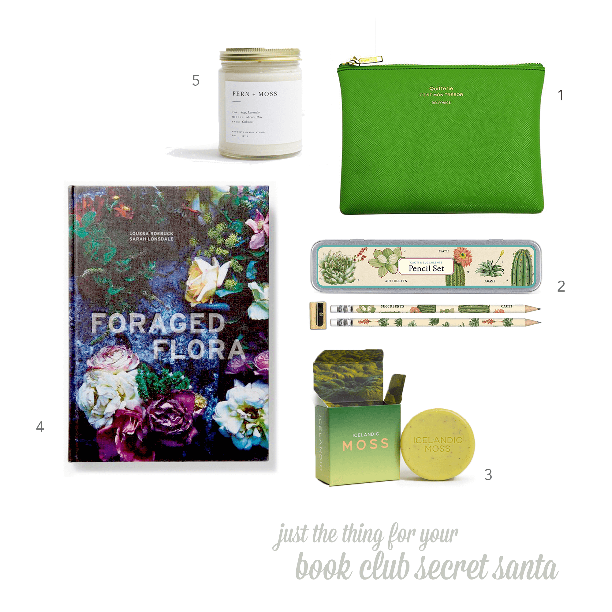01 Delfonics Quitterie Multifunctional Pouch , $15* 02 Cavallini Papers & Co., Inc. Succulents Pencil Set , $11* 03 Kala Modern Wash Icelandic Moss Soap , $9 04 Foraged Flora by Louesa Roebuck, $27.96* 05 Brooklyn Candle Studio Fern + Moss Minimalist Candle , $24 