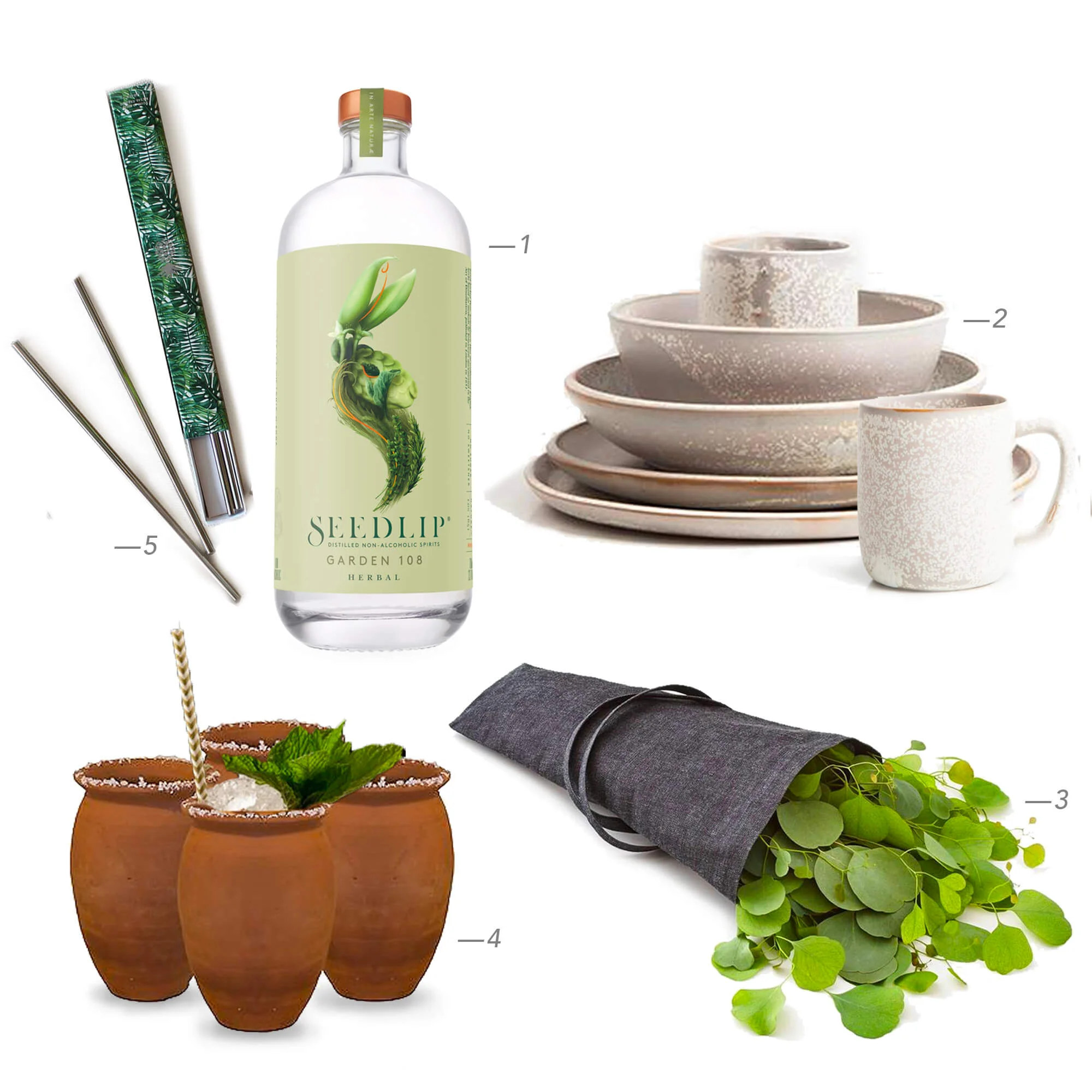1 — Seedlip non-alcoholic herbal spirits ($36 Seedlip ) 2 — Handmade Moon ceramics ($40+ Luv Haus ) 3 — Jardin reusable flower garden tote ($40 Aplat ) 4 — Cantarito Pot cocktail cups ($8 Grant Bros ) 5 — Pineapple Co. metals straws ($8 W&P )