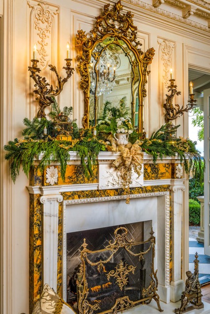 Pine Garland & Golden Ribbon Mantel Holiday Design by Jennifer Chapman
