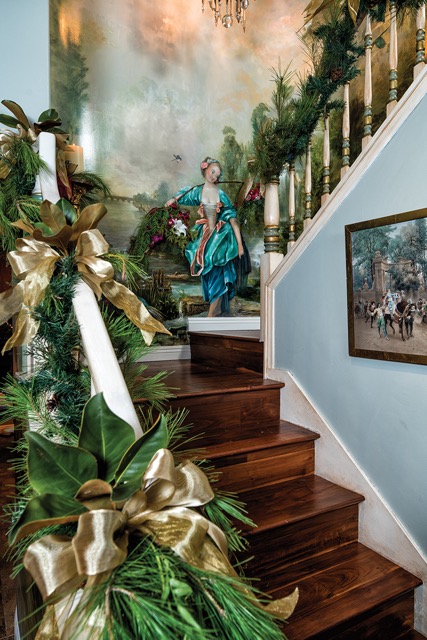 Pine Garland & Ribbon Stairway Holiday Design by Jennifer Chapman