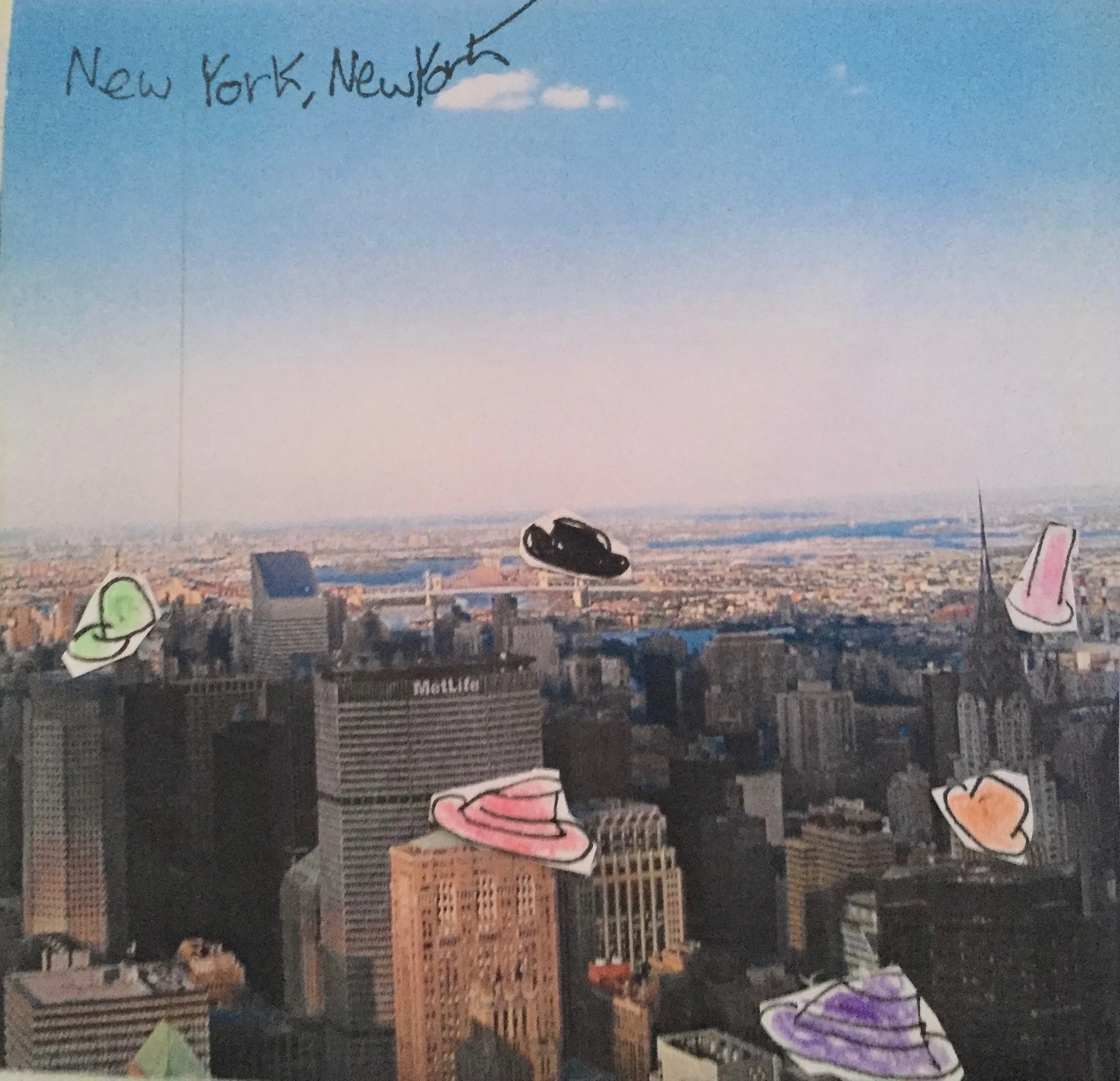 Photo of New York EP cover New york skyline with colourful hand drawn hats