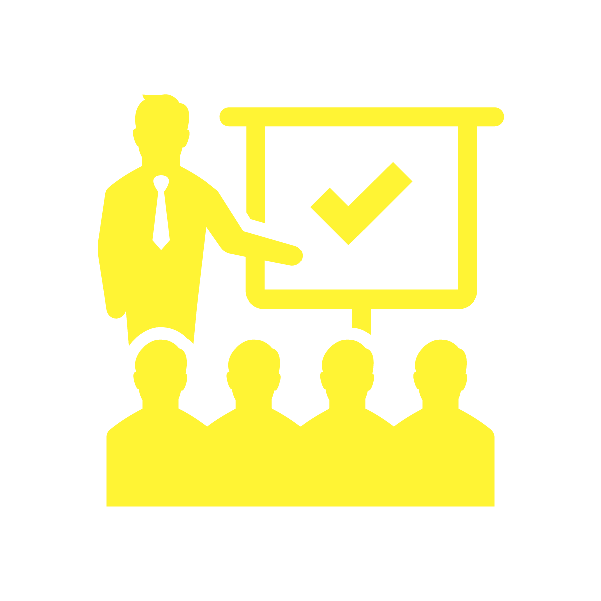 A person giving a presentation to a group of people , the person is pointing at a screen with a tick on it.