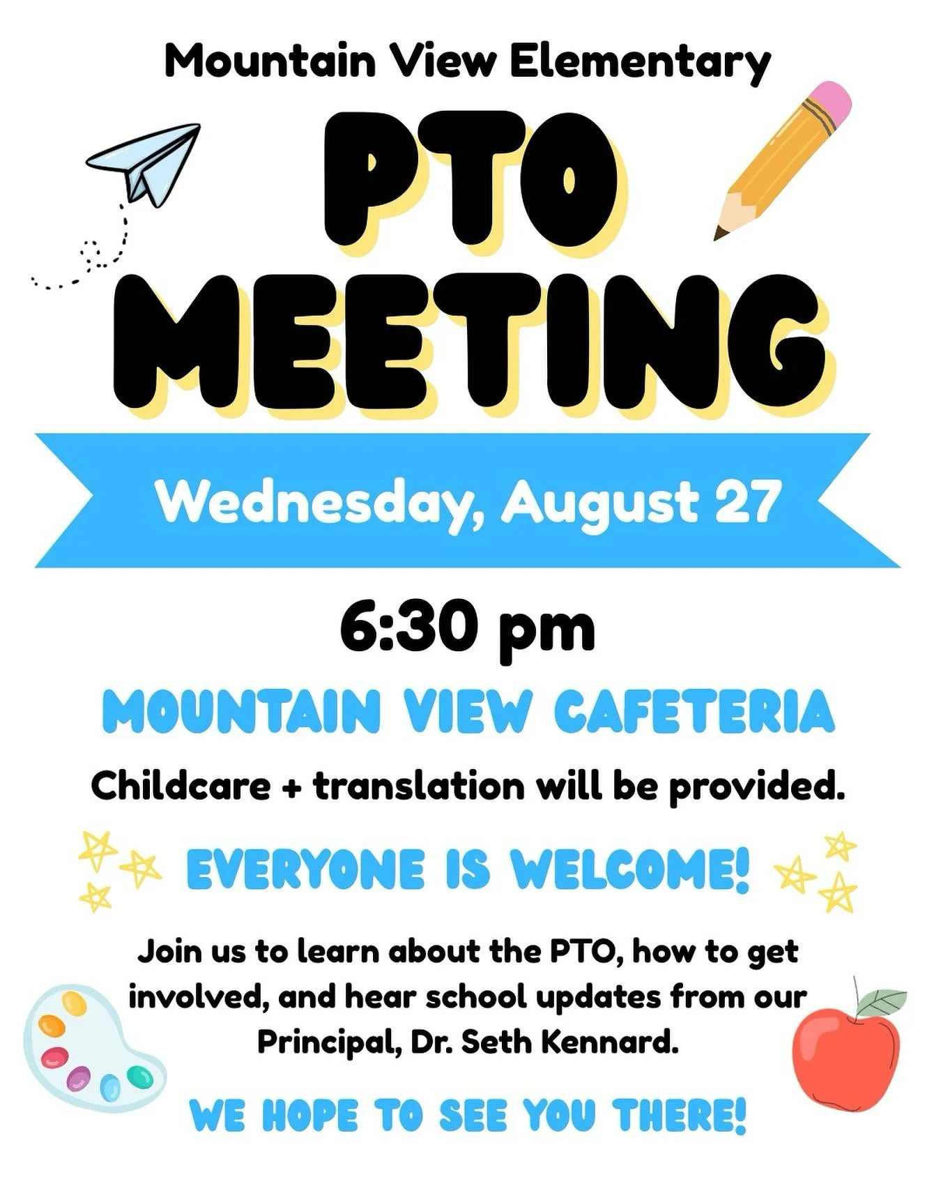 Join us Wednesday, August 27 at 6:30 PM in the MVES Cafeteria for our FIRST PTO meeting of the 2025-2026 school year!

- Meet other parents and caregivers
- Hear from our principal, Dr. Seth Kennard, on what&rsquo;s ahead for MVES
- Learn how you can