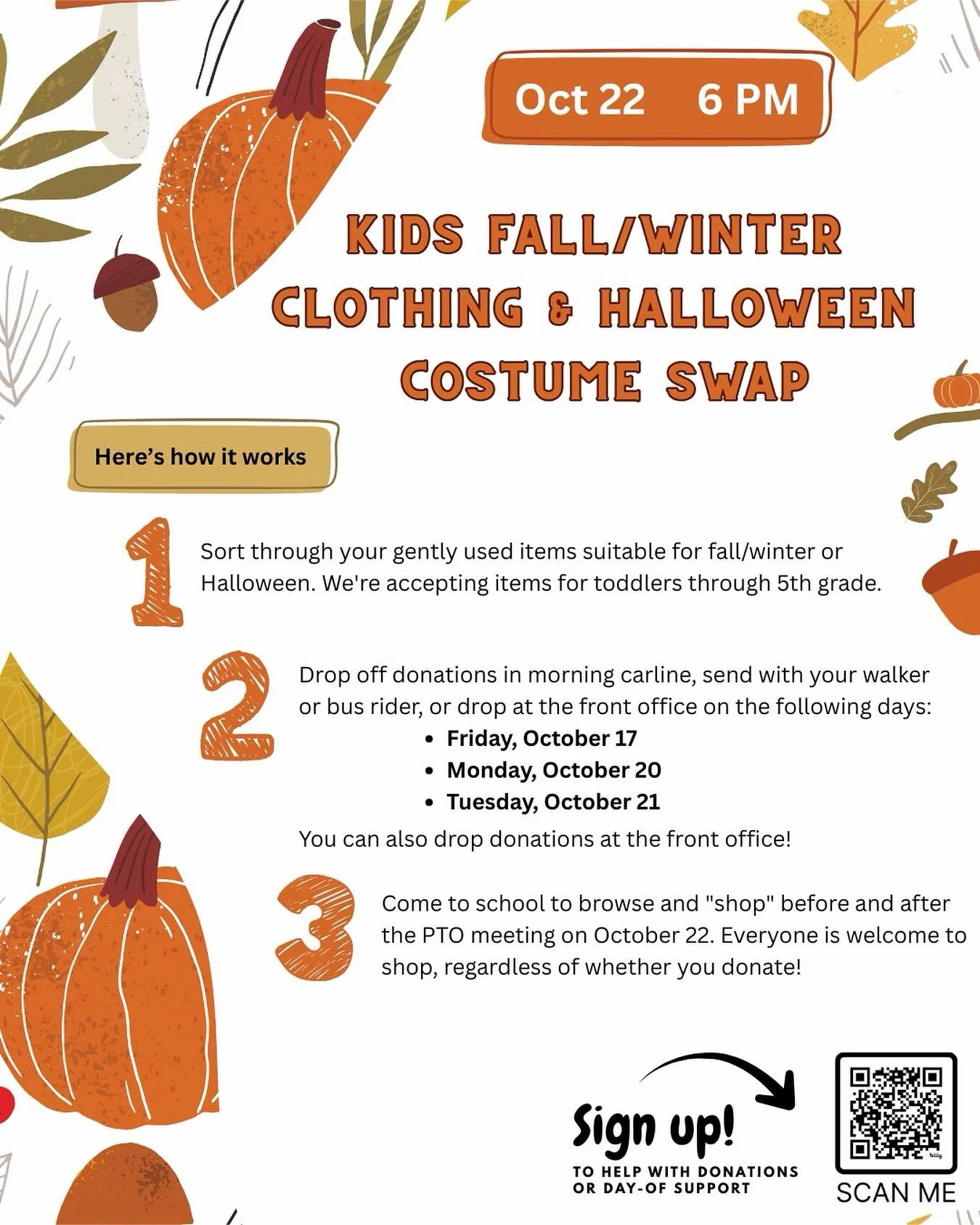 We are hosting a Kids&rsquo; Winter Clothing and Halloween Costume Swap on October 22 at our PTO meeting!

Do you have any winter boots, warm jackets, sweaters, or other cold-weather clothes that your kids have outgrown? Would you like to pick up fre