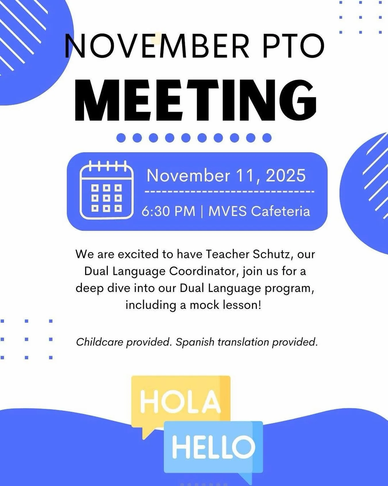 We are excited to have Teacher Schutz, our Dual Language Coordinator, join us on November 11 for a deep dive into our Dual Language program, including a mock lesson! Childcare and spanish translation provided. 

&iexcl;Estamos encantados de que Profe