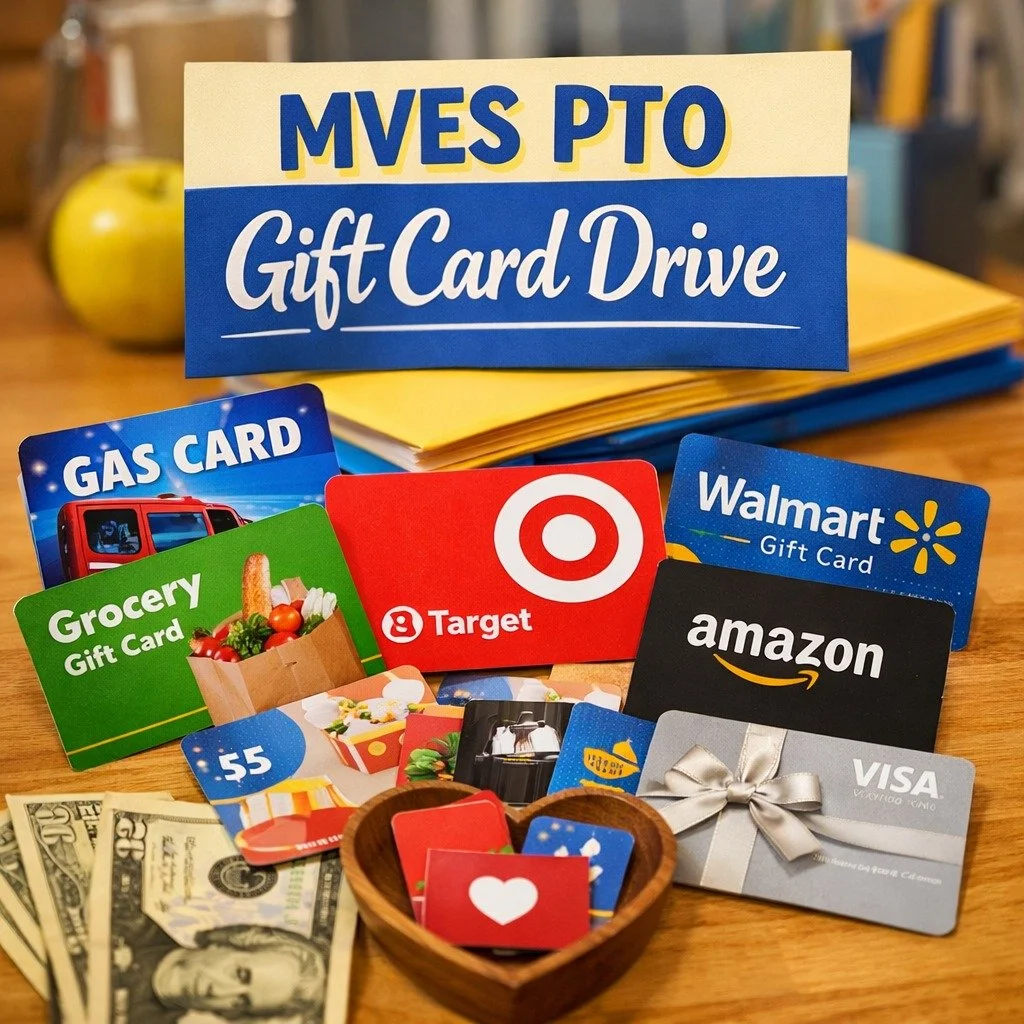 🎁 Gift Card Donations Needed 🎁
Our MVES community is always stronger when we support one another. We are currently collecting gift card donations to help families who may need a little extra support. Gift cards to places like grocery stores, gas st