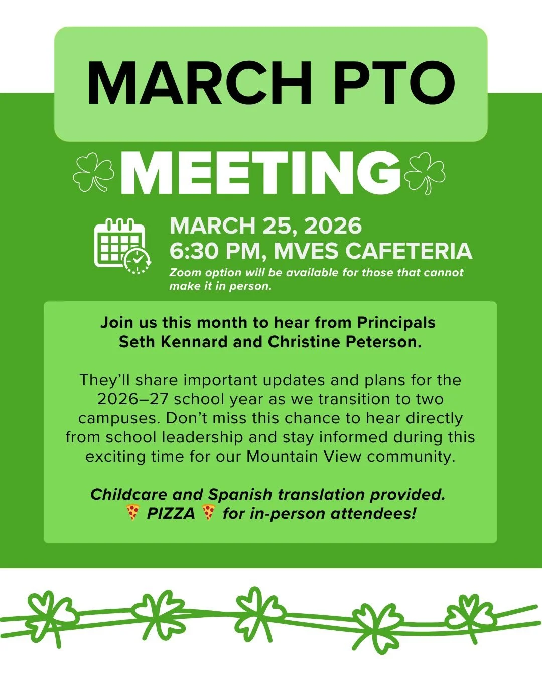 Join us this Wednesday, March 25, to hear from Principals Seth Kennard and Christine Peterson. They&rsquo;ll share important updates and plans for the 2026-27 school year as we transition to two campuses! 

🗓️6:30 pm in the MVES cafeteria
✔️Pizza pr