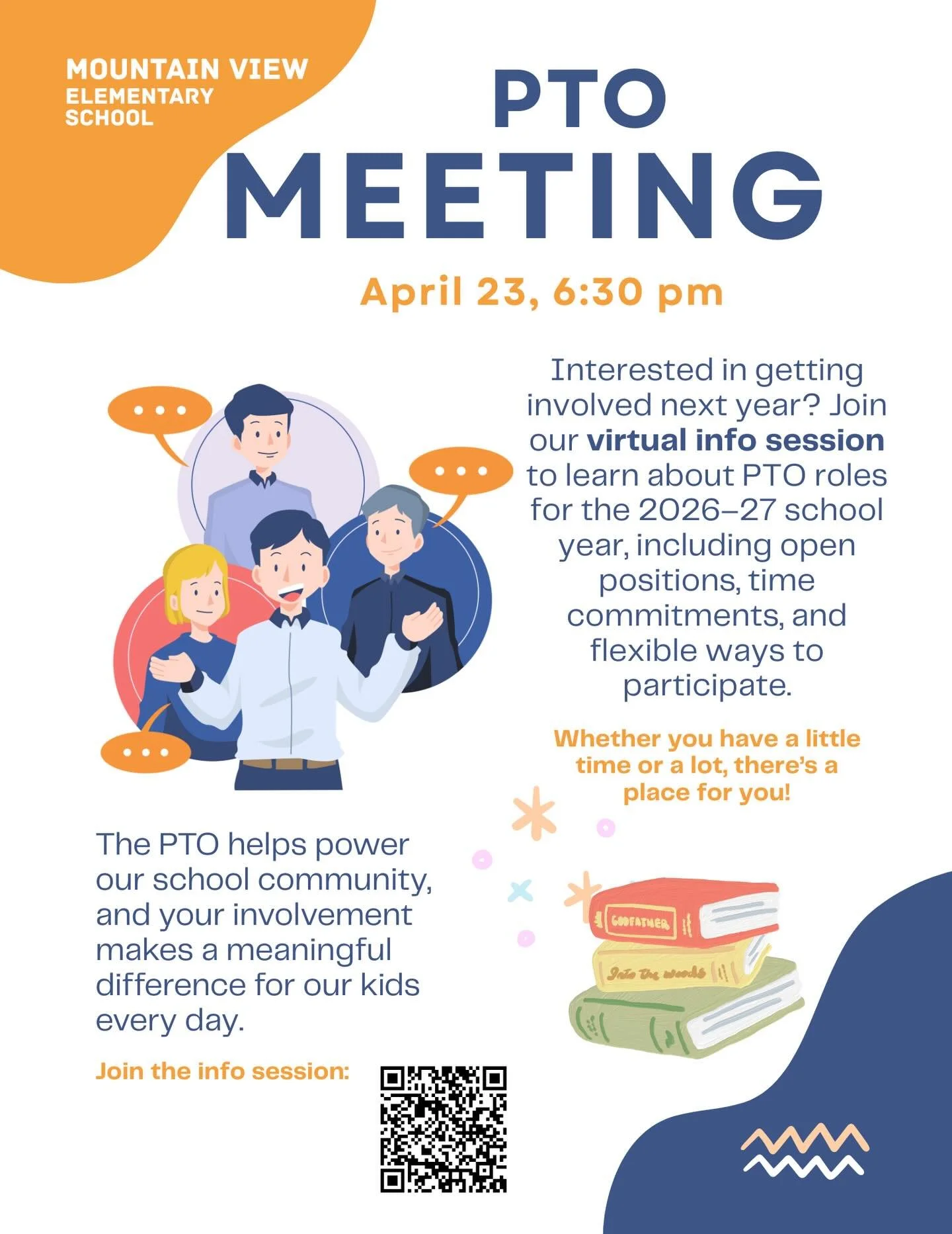 Join us for our upcoming PTO meeting on April 23 at 6:30 PM!

Interested in getting more involved in our school community next year? This meeting will be a virtual info session where you can learn all about PTO roles for the 2026&ndash;27 school year