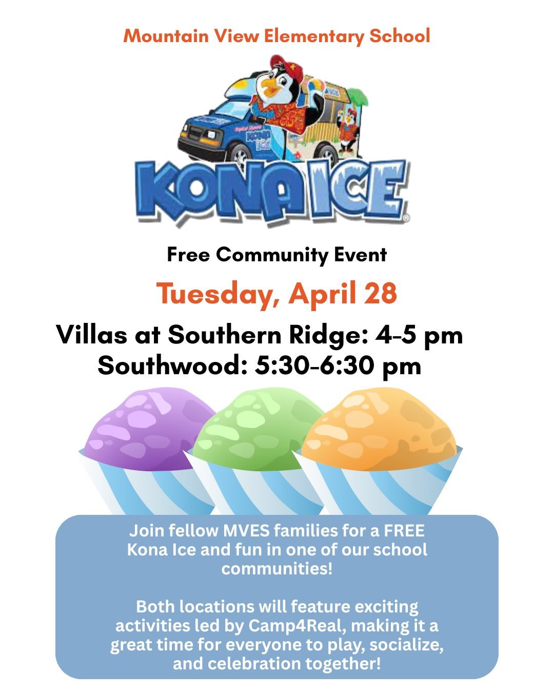 Join us on April 28 for some sweet treats! Students can enjoy free Kona Ice while connecting with friends and family. The Kona Ice truck will make two stops: 4:00&ndash;5:00 PM at Villas at Southern Ridge and 5:30&ndash;6:30 PM at Southwood. Both loc