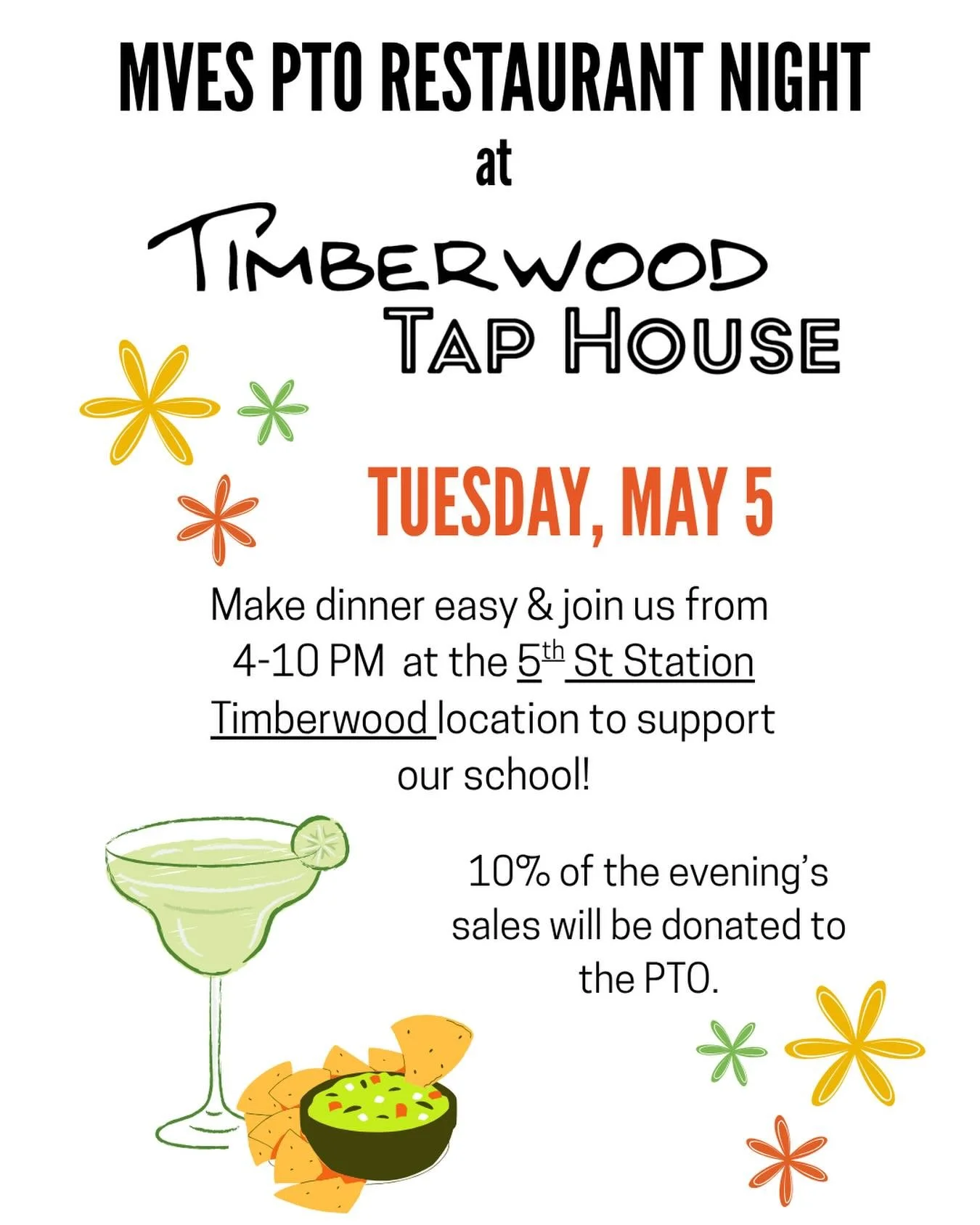 Join us tomorrow, May 5 at @timberwood_taphouse for our FINAL restaurant night of the school year! 🎉

Skip the cooking, grab dinner (and maybe a margarita for Cinco de Mayo 🍹), and support the MVES PTO!