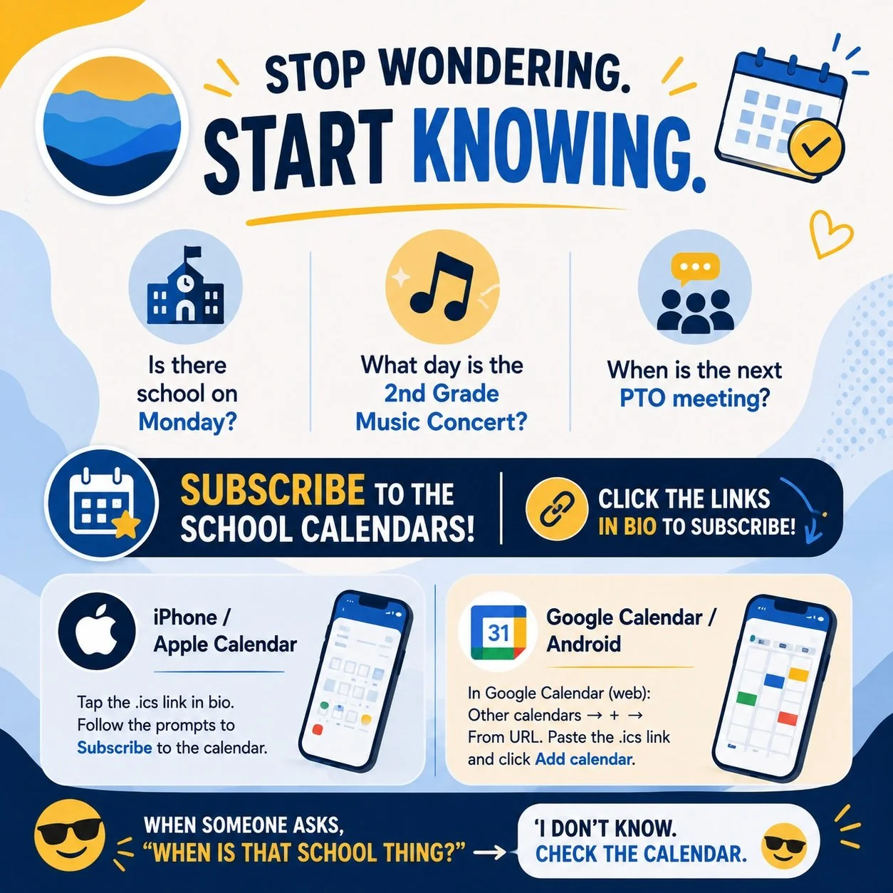 Have you ever wondered&hellip;
😬 &ldquo;Wait&hellip; is there school on Monday?&rdquo;
🎵 &ldquo;What day is the 2nd Grade Music Concert?&rdquo;
🤔 &ldquo;When is the next PTO meeting?&rdquo;
Or perhaps you&rsquo;ve perfected the time-honored parent