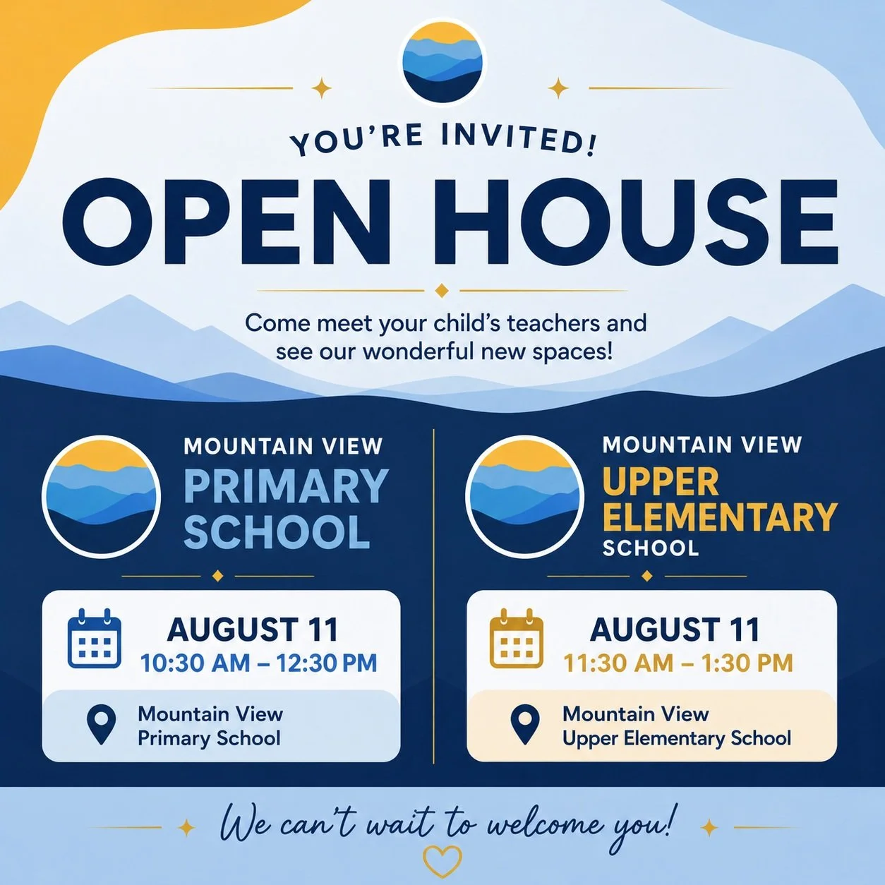 The first day of school is almost here, and we can't wait to be back! Don't forget, Open House is on Tuesday, August 11.
📍 Mountain View Primary School
🕥 10:30 AM &ndash; 12:30 PM
📍 Mountain View Upper Elementary
🕦 11:30 AM &ndash; 1:30 PM
Whethe