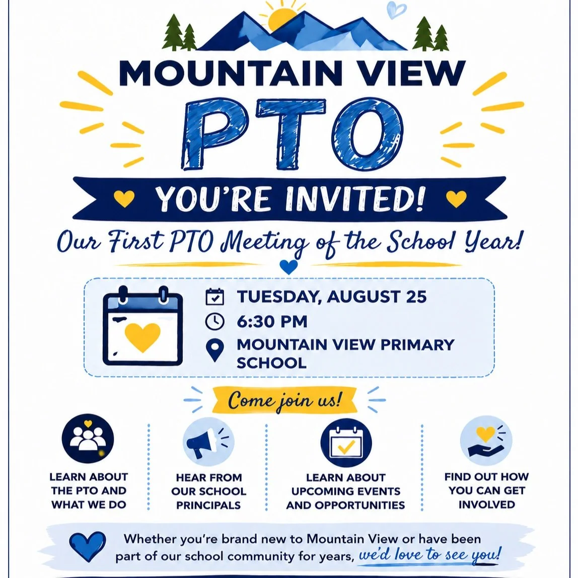 Join us for Mountain View PTO&rsquo;s first meeting of the school year! 💙💛
Whether you&rsquo;re brand new to Mountain View or have been part of our school community for years, we&rsquo;d love to see you! This is a great opportunity to connect with 