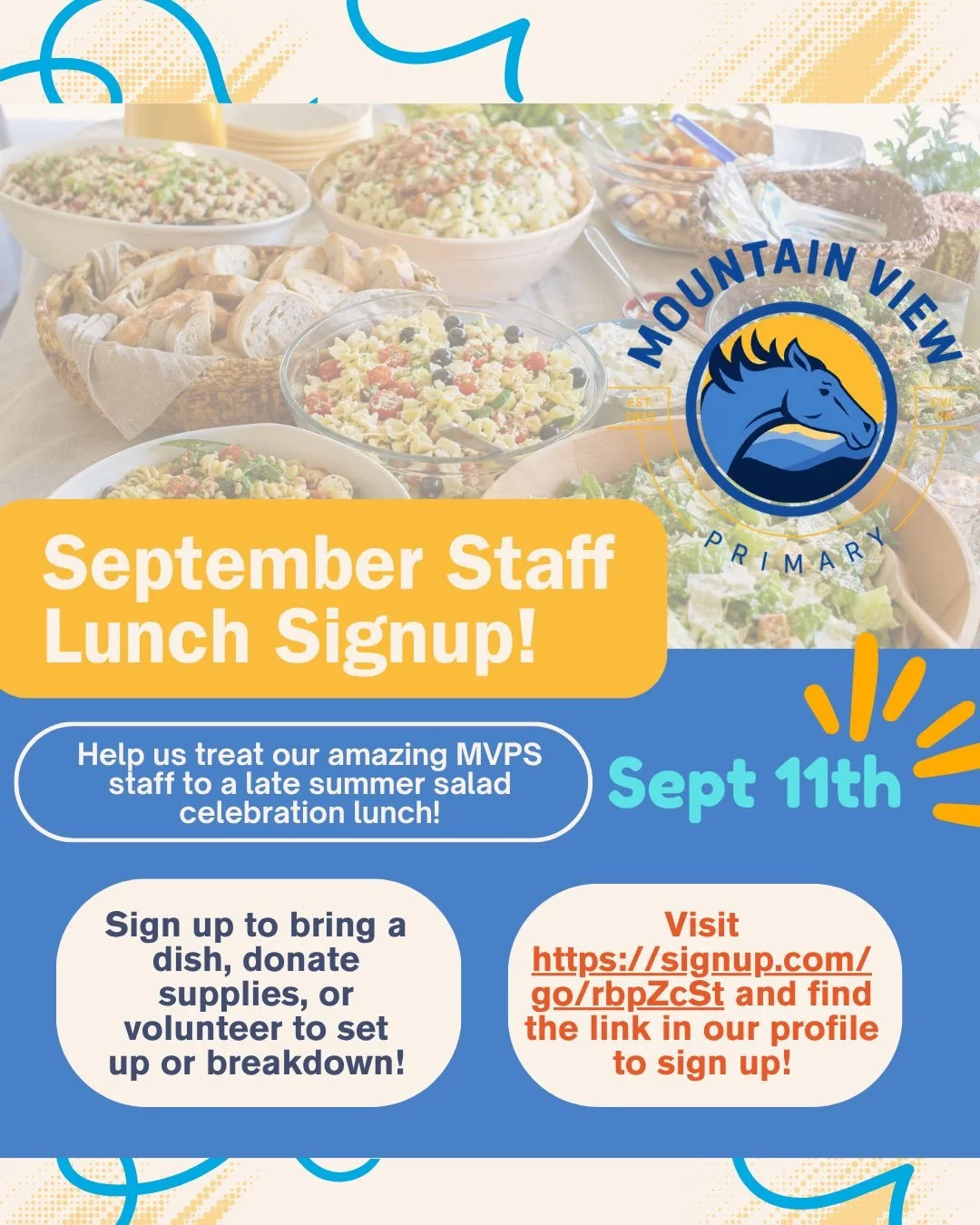 🐴MVPS (@mountainviewprimaryschool) families! Help us treat our amazing Primary Staff to a late summer salad celebration lunch on Friday, September 11! 

🥗Sign up to bring a dish, donate supplies or volunteer to set up or breakdown! Visit https://si