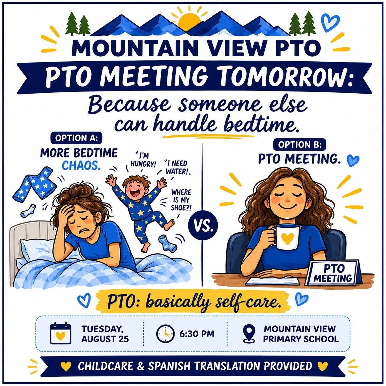 📣 TOMORROW NIGHT: PTO MEETING

We know what you&rsquo;re thinking:

&ldquo;I&rsquo;d love to attend a meeting after spending all day working, making dinner, locating a missing water bottle, signing a form my child JUST remembered exists, and asking 