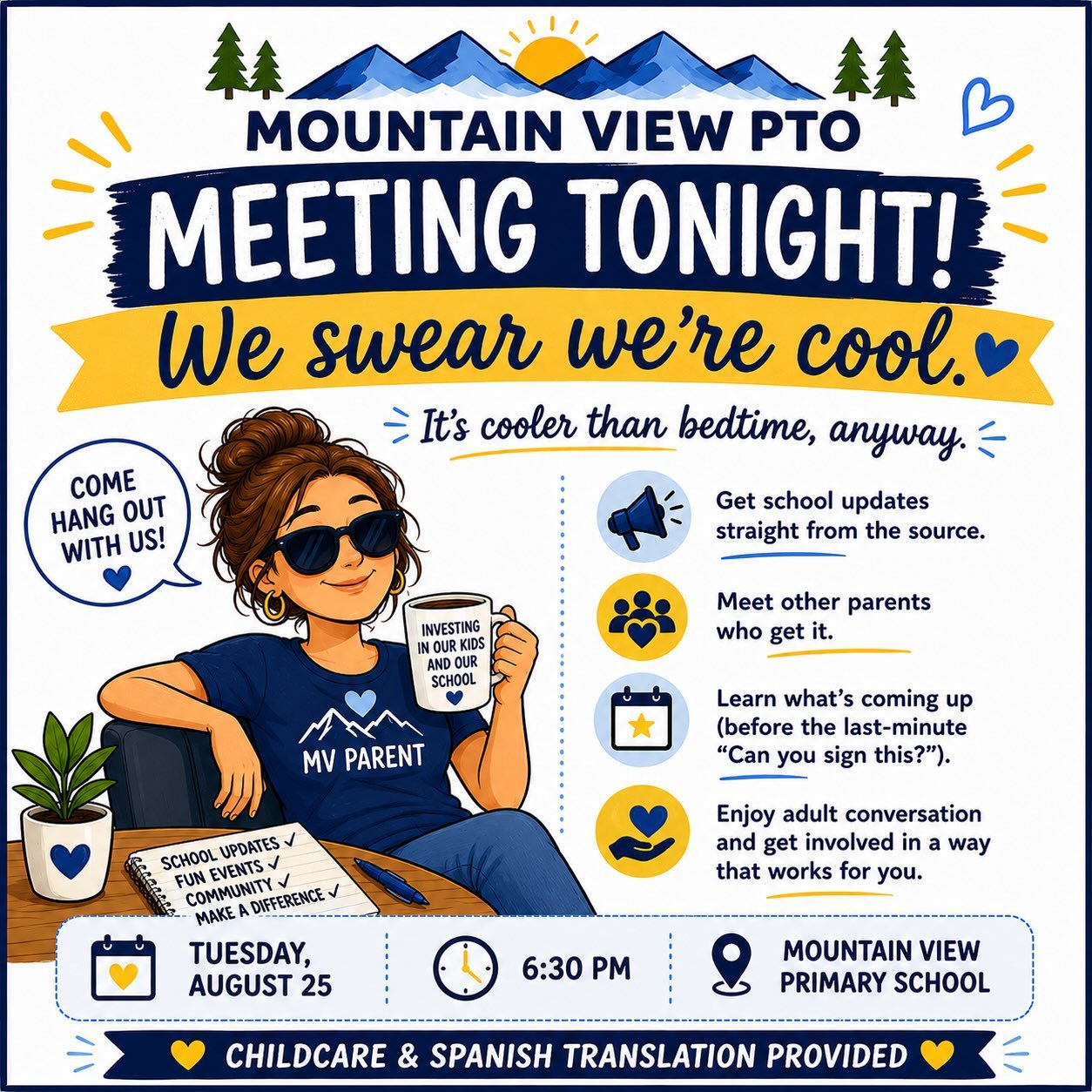 🚨 PTO MEETING TONIGHT! 🚨

No pressure. No awkward recruiting tactics. No requirement to own a Cricut.

Just parents, school staff, some useful information, and a chance to get connected.

📅 TONIGHT &mdash; Tuesday, August 25
⏰ 6:30 PM
📍 Mountain 