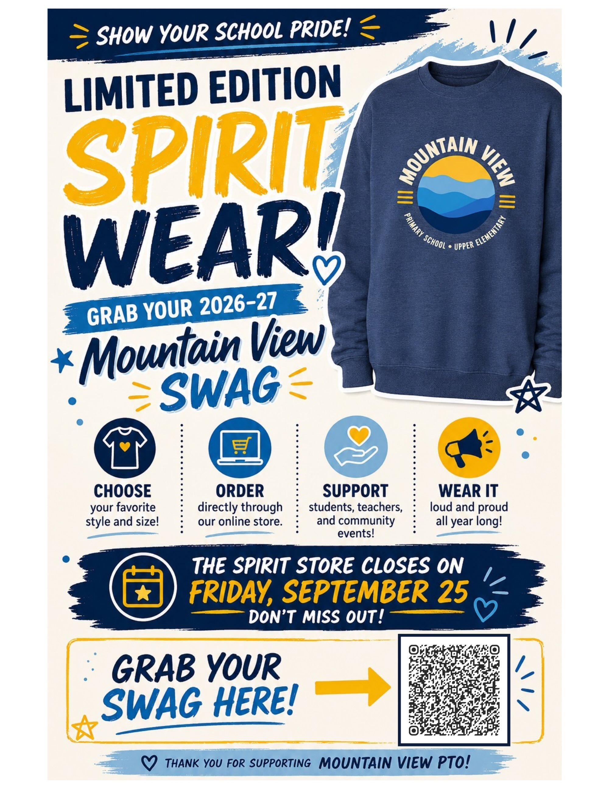 MOUNTAIN VIEW SPIRIT WEAR IS HERE! 💙💛

Show your Mountain View pride and grab some new swag for the 2026&ndash;27 school year! Our limited-edition Spirit Wear Store is officially OPEN &mdash; with options for students, parents, families, staff, and