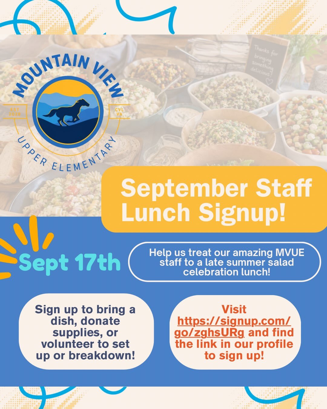🐎 MVUE families! Help us treat our amazing upper elementary staff to a salad lunch to celebrate the end of summer on Thursday, September 17!

🥗 Sign up to bring a dish, donate supplies, or help with setup or cleanup! Visit https://signup.com/go/zgh