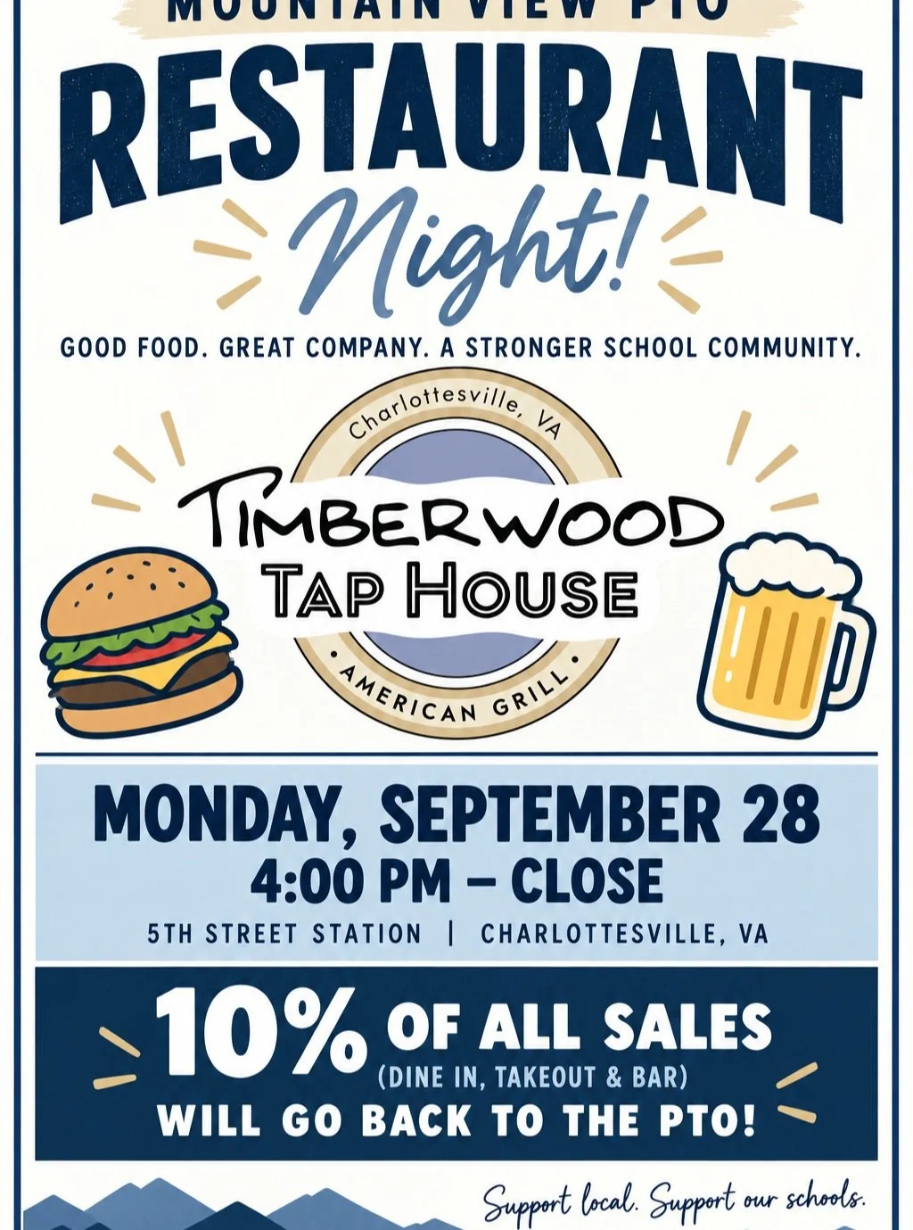 Skip cooking and join Mountain View PTO for Restaurant Night at Timberwood Tap House at 5th Street Station!

📅 Monday, September 28
⏰ 4:00 PM &ndash; Close
📍 Timberwood Tap House | 5th Street Station

Grab dinner, meet up with other Mountain View f