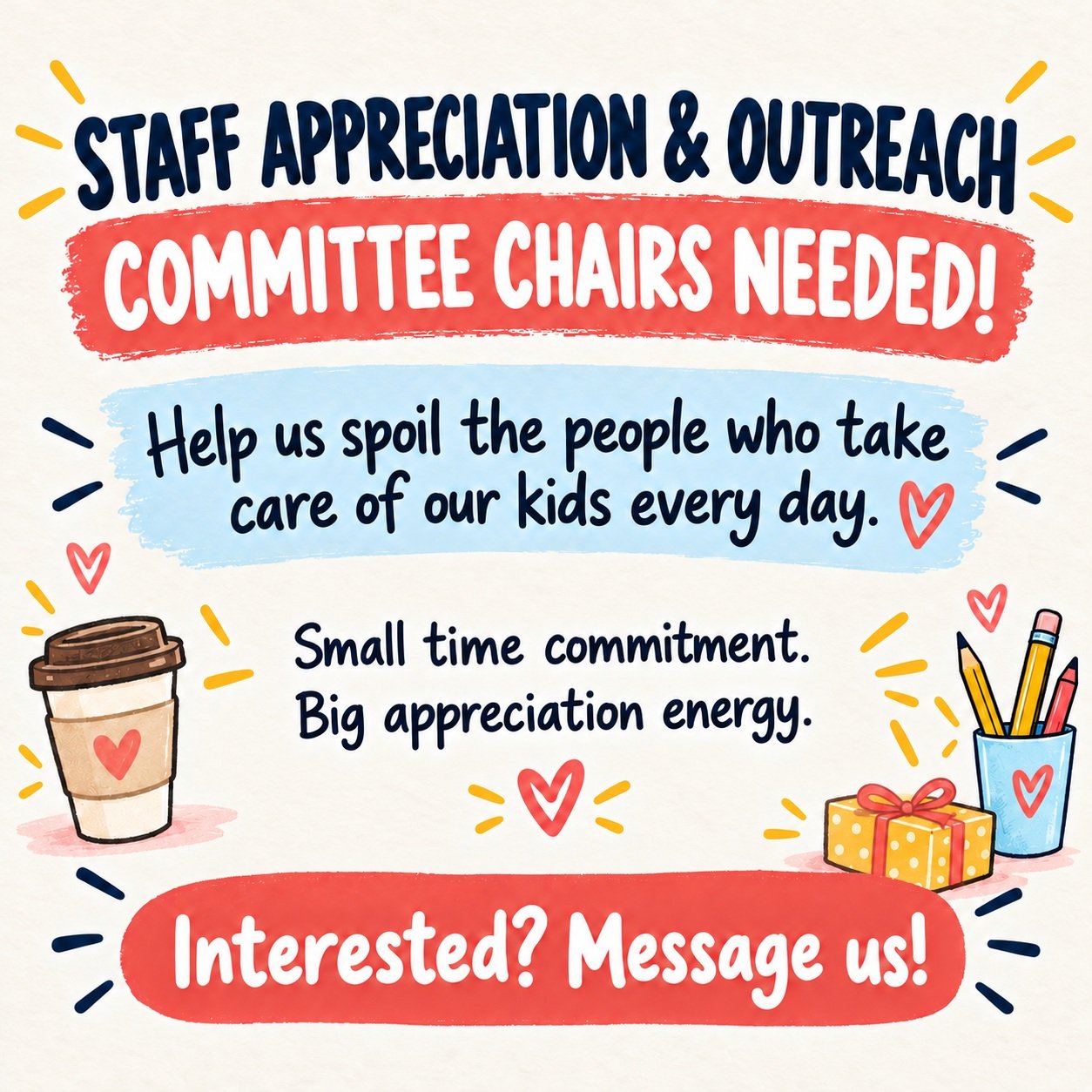 📣 Calling all Staff Appreciation superstars! 📣

Our Staff Appreciation &amp; Outreach Committee needs chairs and don&rsquo;t worry, this is not a second job, a full-time unpaid internship, or a lifetime commitment. 😉

Staff Appreciation is one of 