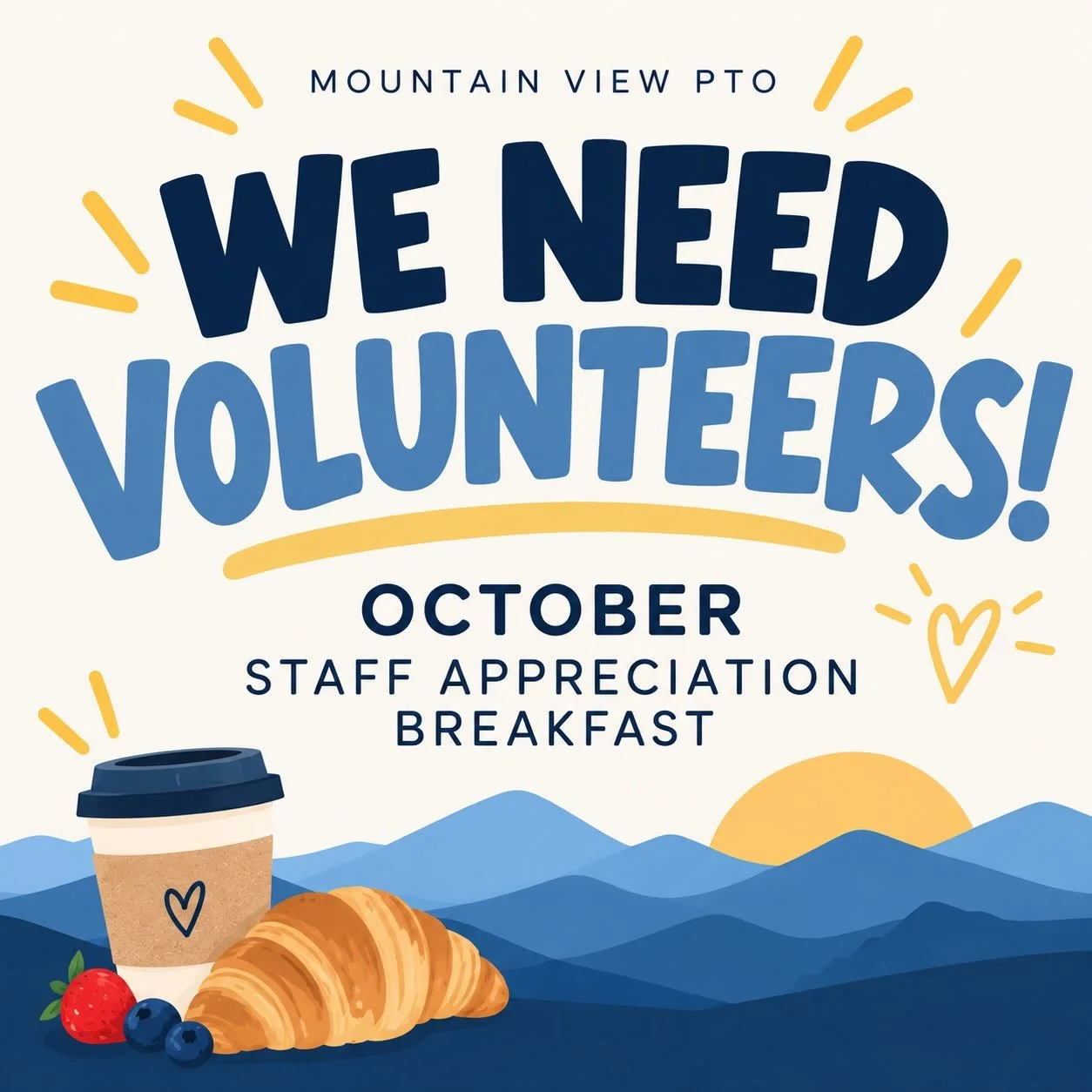 🥐 Our October Staff Appreciation will be breakfast provided by the PTO for both schools on Friday, October 16! But we need some help with set up and breakdown! 

☕️ If you have time to share, it would be greatly appreciated! Sign up at https://signu