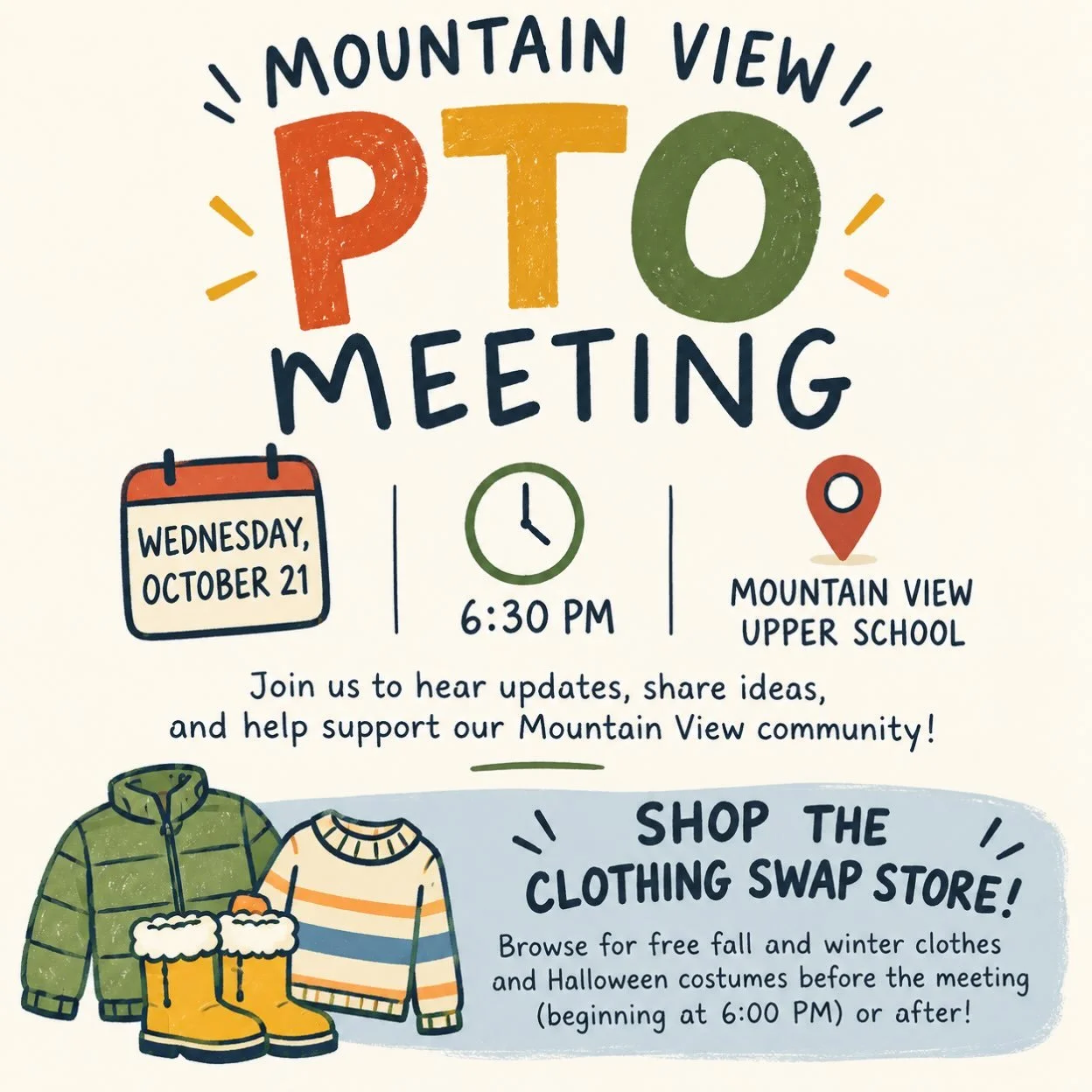 🍂 Don&rsquo;t forget! Our October PTO Meeting is THIS WEDNESDAY! 🍁

Join us on Wednesday, October 21 at 6:30 PM at Mountain View Upper Elementary for school updates, community conversations, and a chance to get involved!

🎤 This month&rsquo;s spec