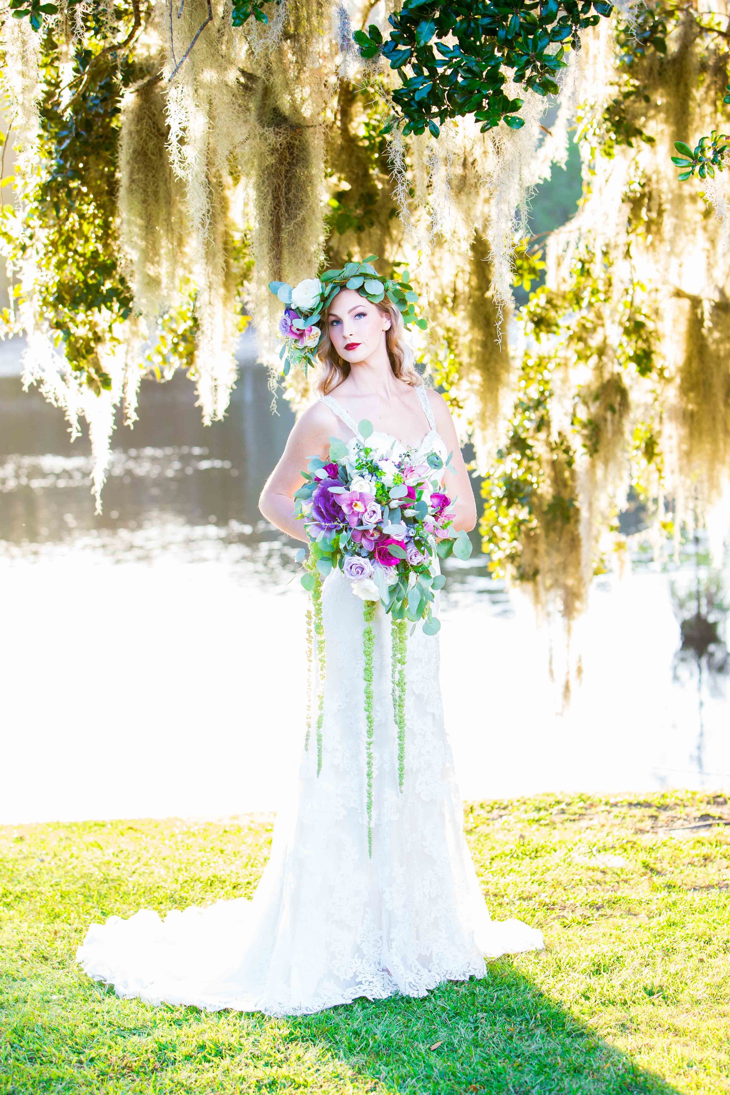  Bright bridal portrait on the waterfront with bride wearing floral crown 