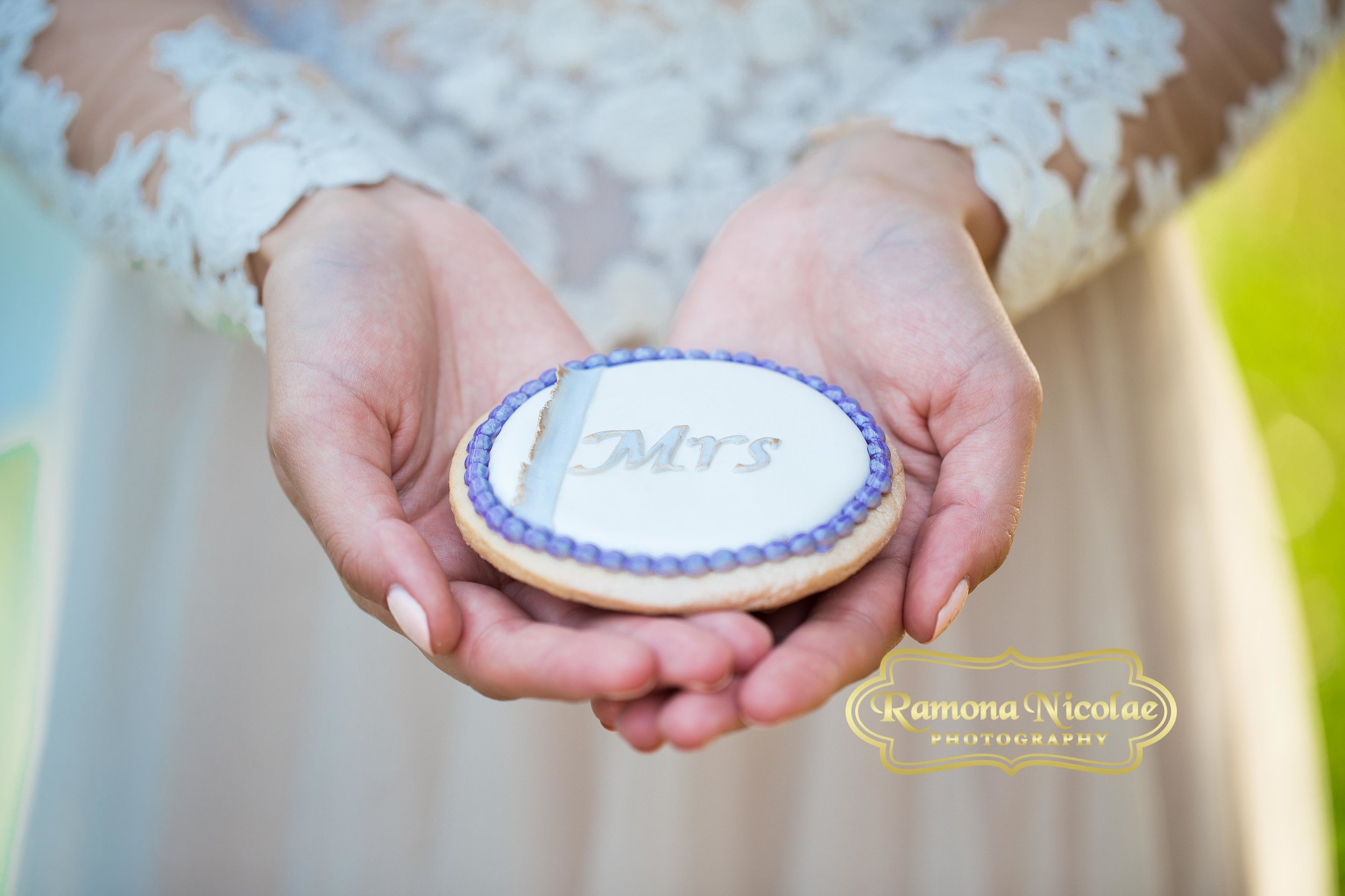 bride holds cookie in her hands at southern plantation in myrtle beach.jpg