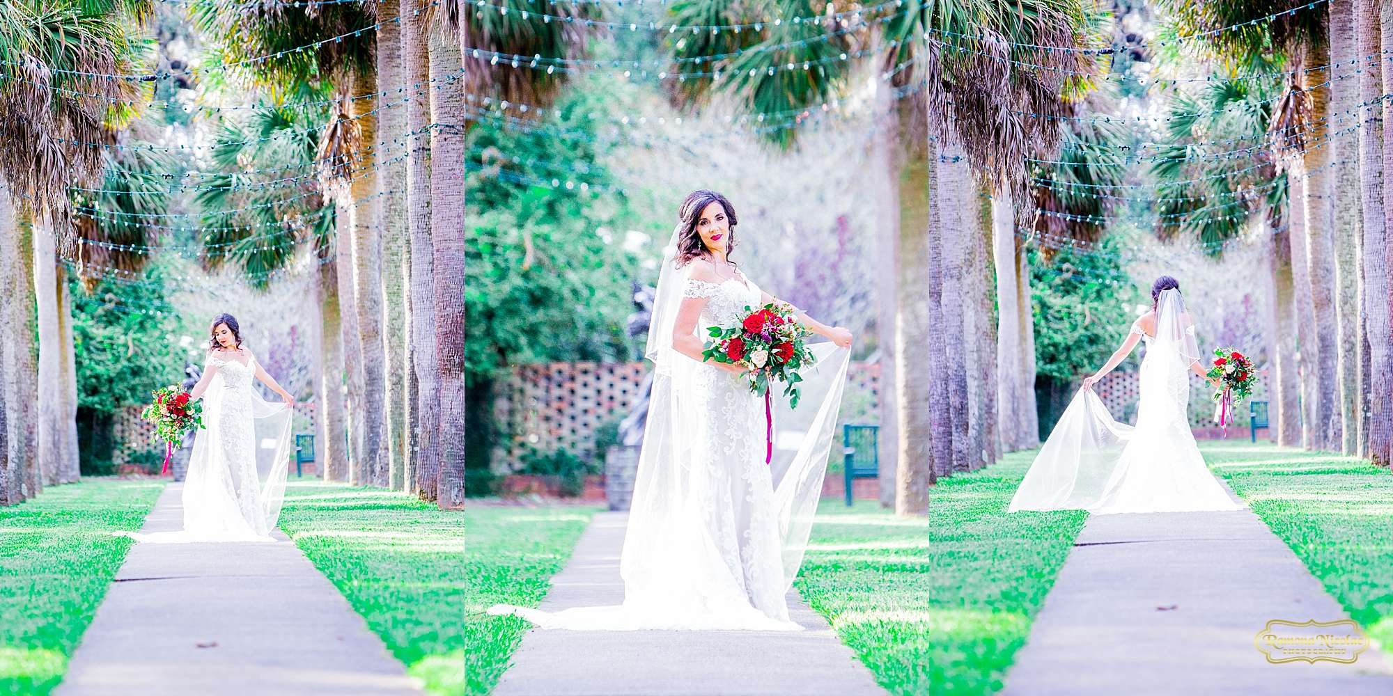 bride in wedding dress walking on path of palm trees at brookgreen gardens during bridal session with ramona nicolae photography at brookgreen gardens -4.jpg
