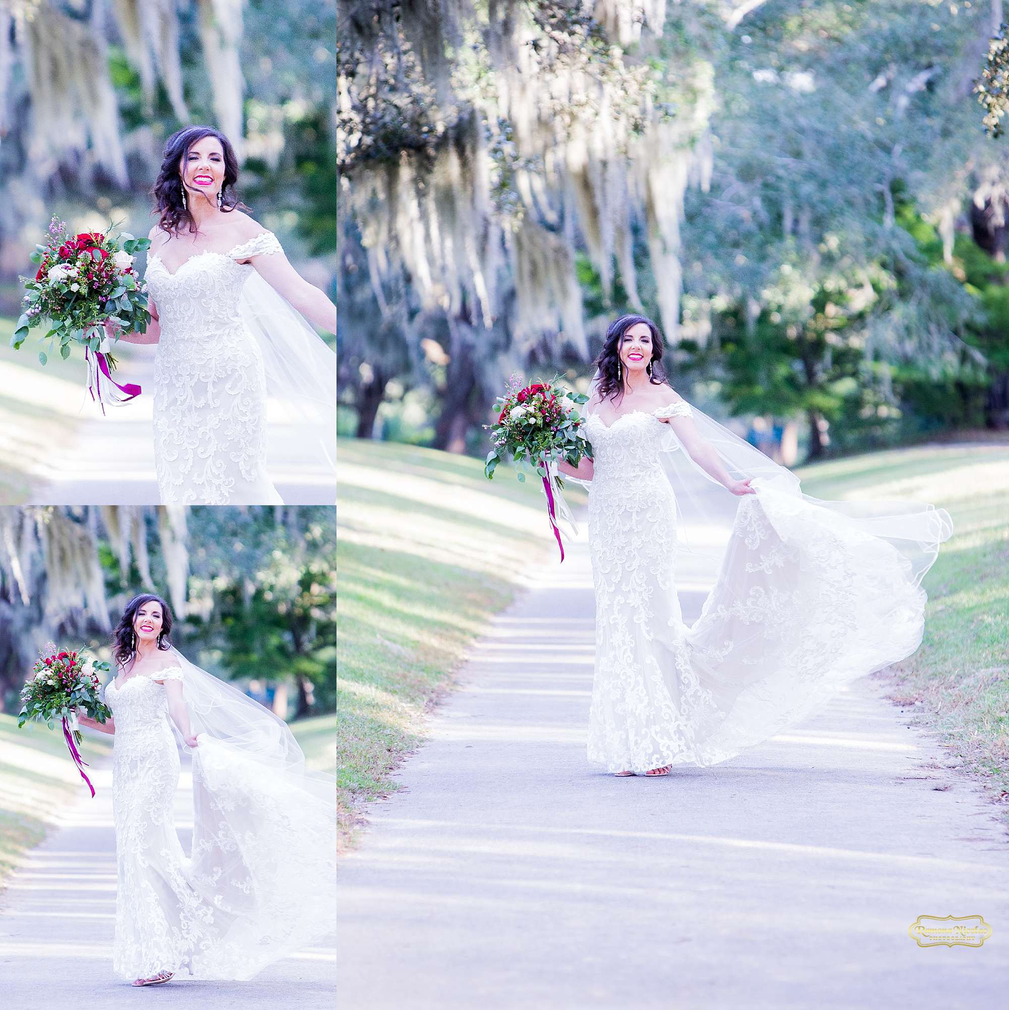 bride laughing and spinning twirling in her wedding dress with red flowers at brookgreen gardens by ramona nicolae photography myrtle beach wedding photographer-2.jpg