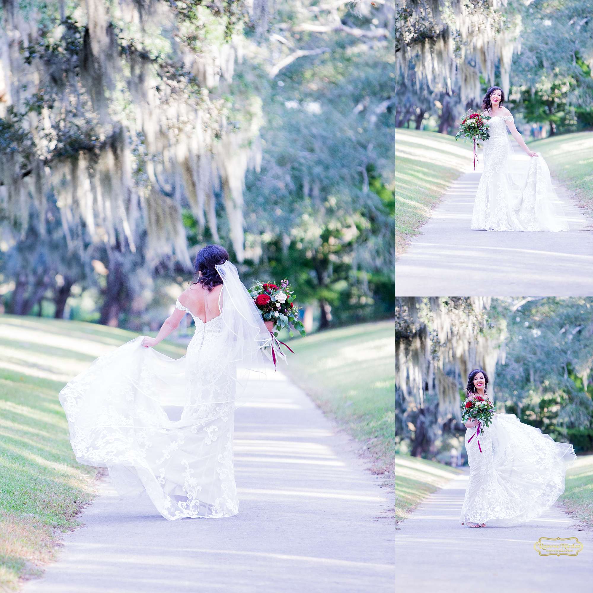 bride laughing and spinning twirling in her wedding dress with red flowers at brookgreen gardens by ramona nicolae photography myrtle beach wedding photographer-5.jpg