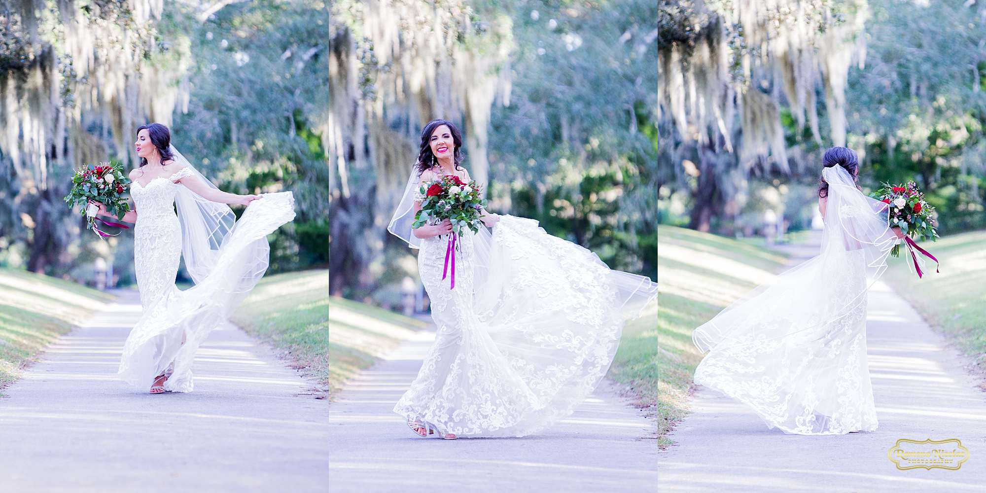 bride laughing and spinning twirling in her wedding dress with red flowers at brookgreen gardens by ramona nicolae photography myrtle beach wedding photographer-7.jpg