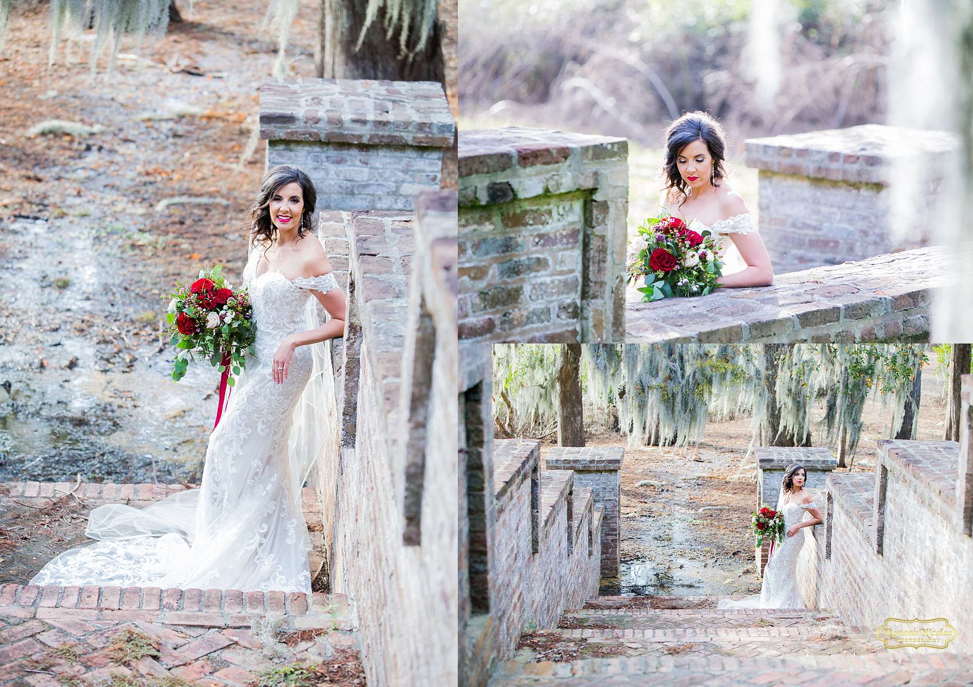bride on the steps at brookgreen gardens with spanish moss for bridal session with ramona nicolae myrtle beach wedding photographer-2.jpg