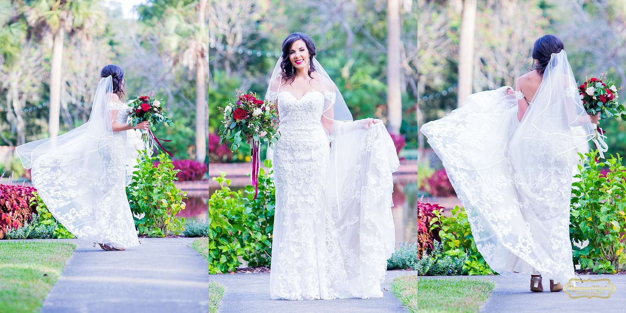 bride smiling and twirling spinning with red flowers and veil at brookgreen gardens during bridal session with ramona nicolae photography myrtle beach wedding photographer-3.jpg