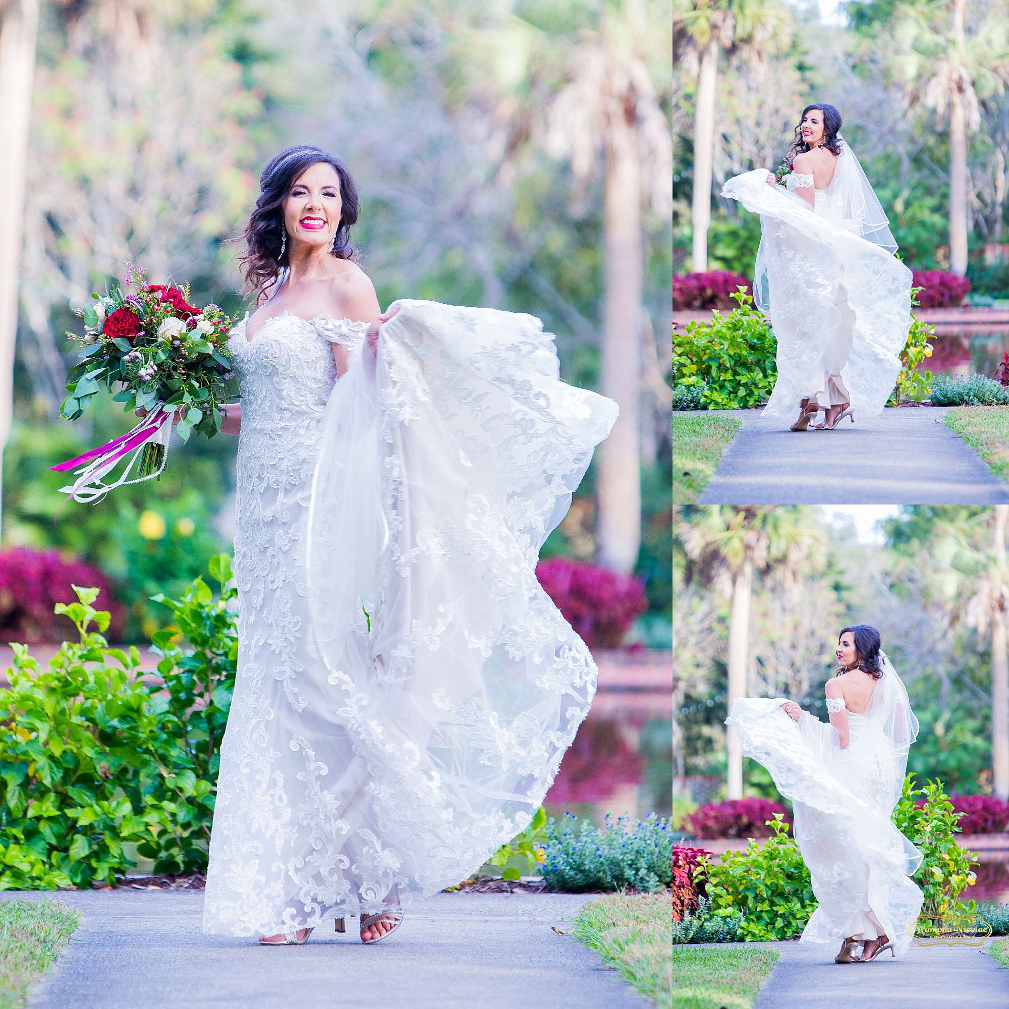 bride smiling and twirling spinning with red flowers and veil at brookgreen gardens during bridal session with ramona nicolae photography myrtle beach wedding photographer-5.jpg