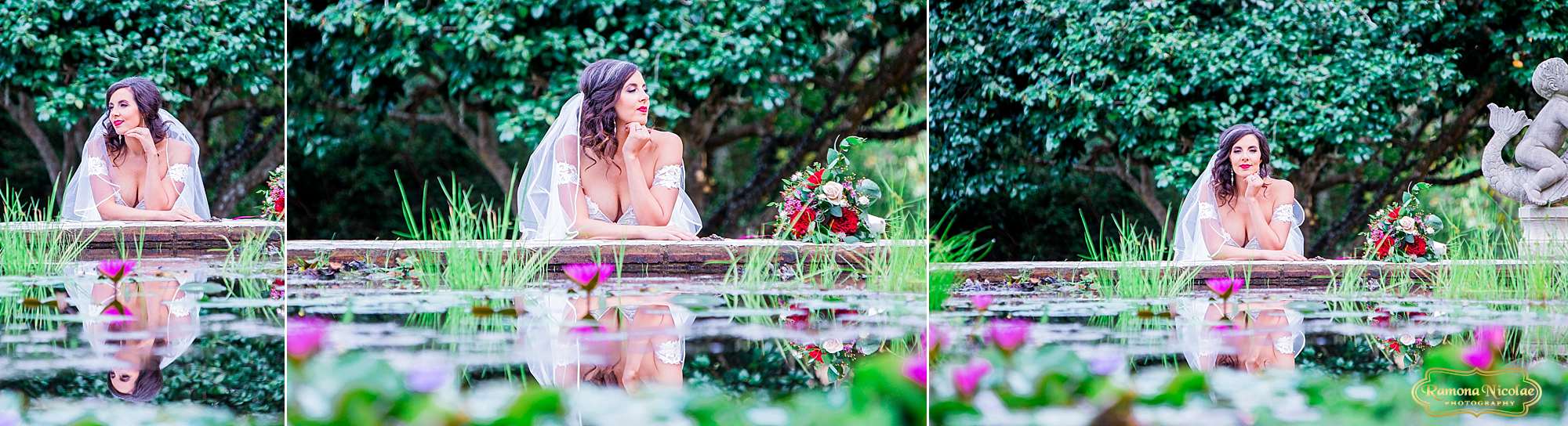 bride smiling surounded by flowers at brookgreen gardens for her bridal session with ramona nicolae photography in myrtle beach sc-4.jpg