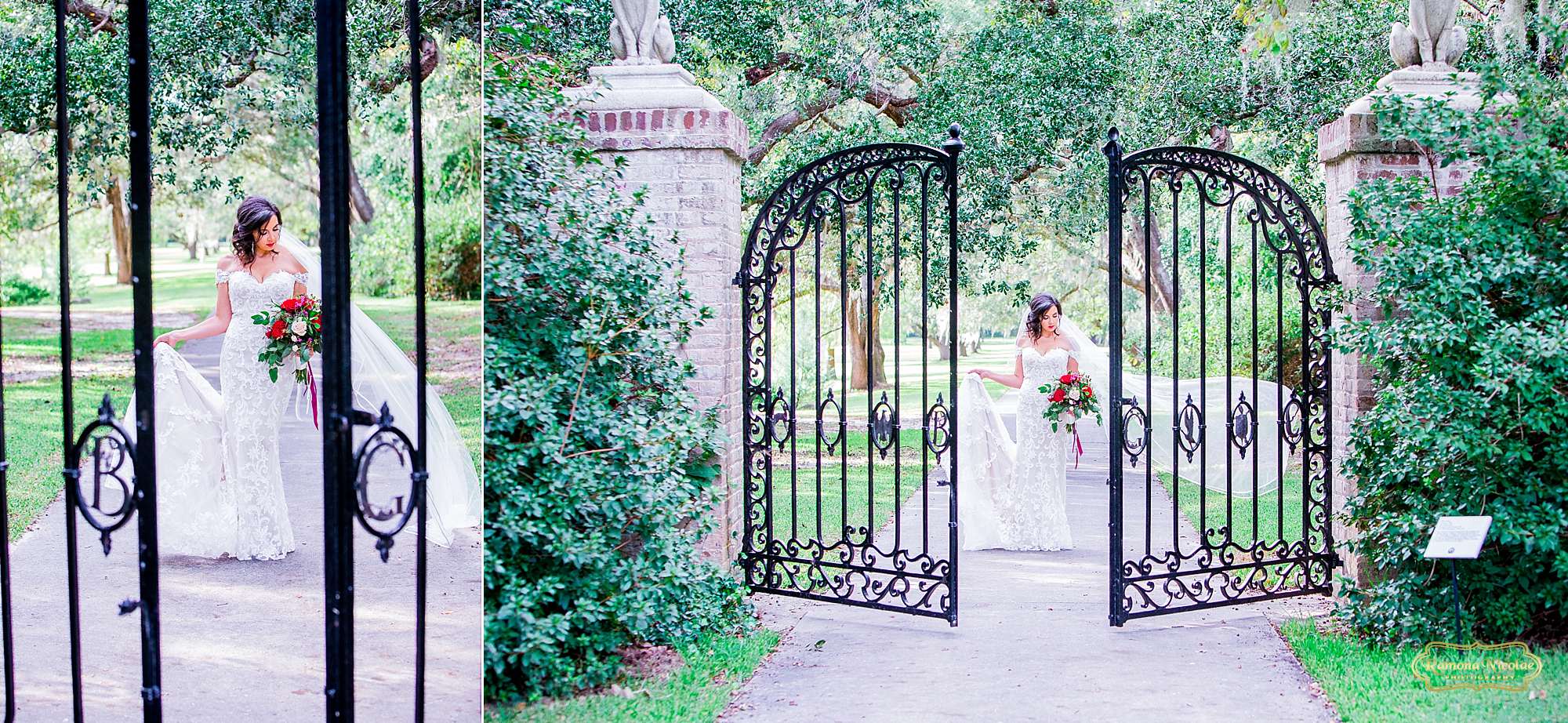 bride with red flowers by the black B & G gates at Brookgreen Gardens looking gorgeous during bridal session with ramona nicolae photography-1.jpg