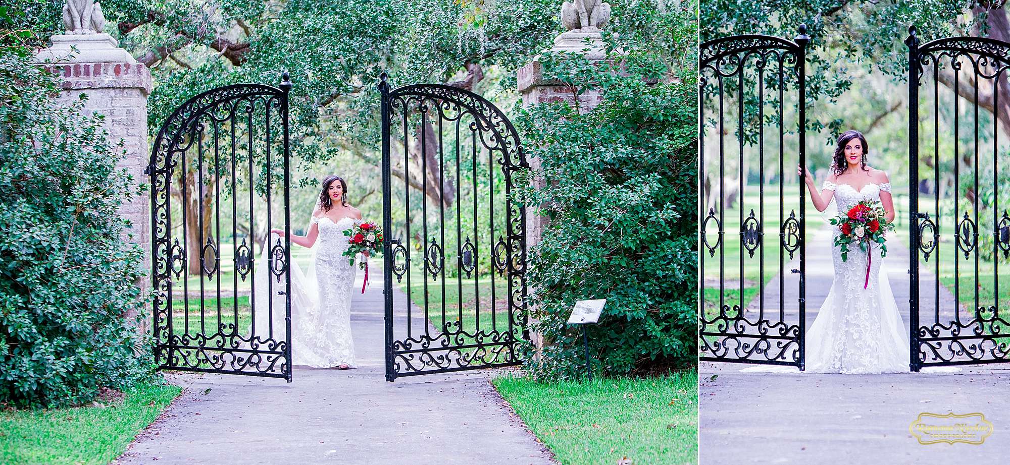 bride with red flowers by the black B & G gates at Brookgreen Gardens looking gorgeous during bridal session with ramona nicolae photography-3.jpg