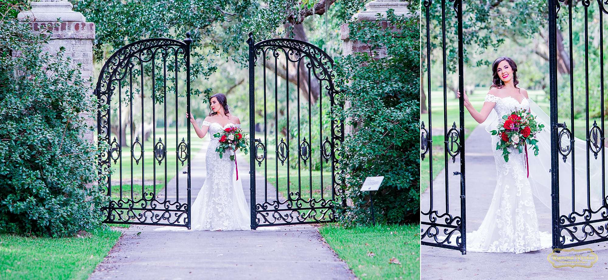 bride with red flowers by the black B & G gates at Brookgreen Gardens looking gorgeous during bridal session with ramona nicolae photography-4.jpg